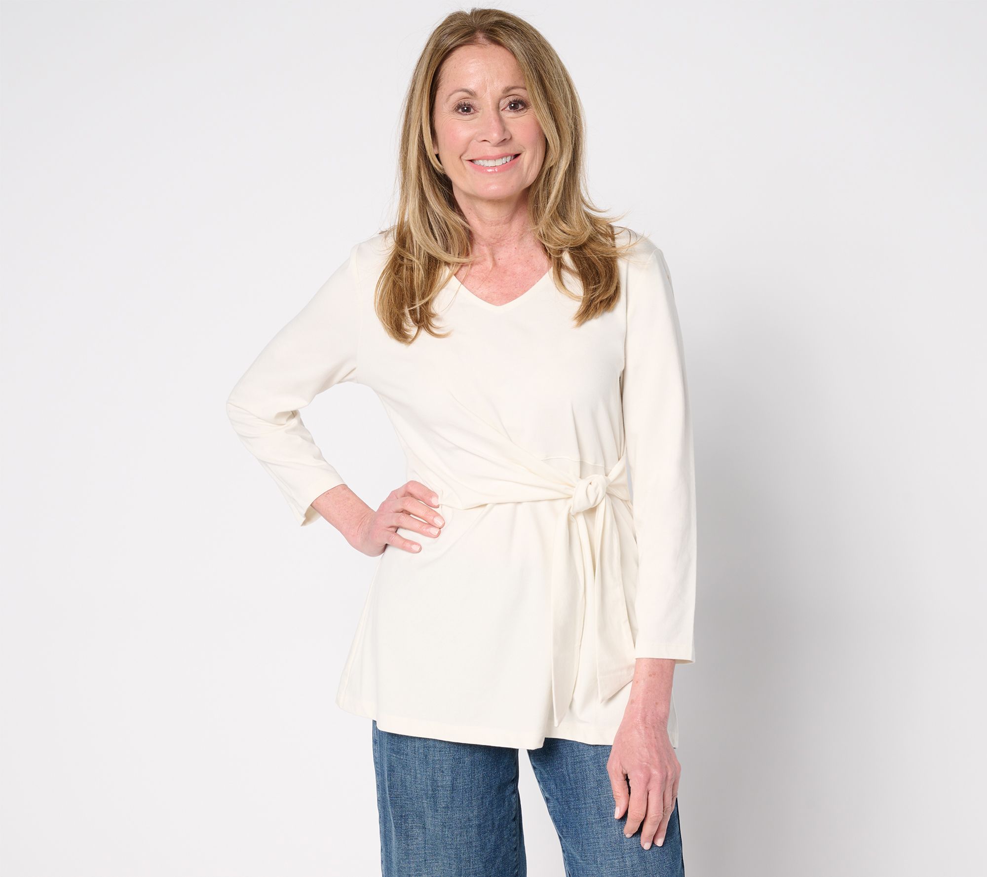 "As Is" Denim & Co. Beach Jersey Petite Bracelet Sleeve Top with Tie