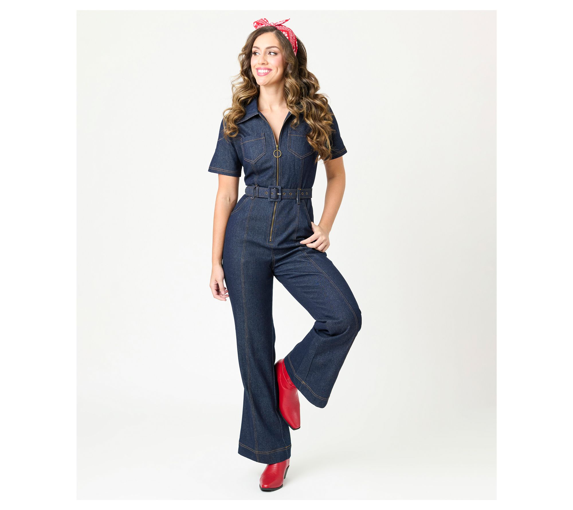 Unique Vintage Dark Denim Belted Jumpsuit - QVC.com