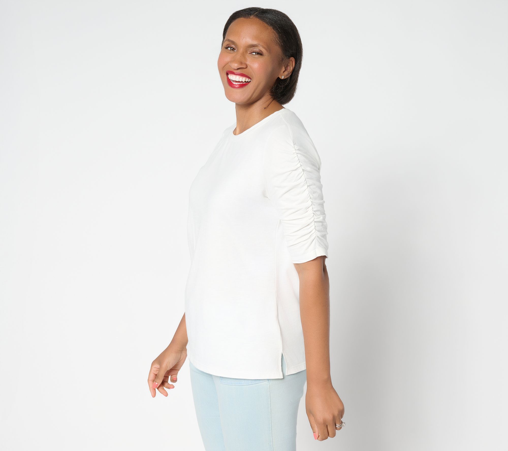 "As Is" Belle by Kim Gravel Slub Knit Santorini Ruch Sleeve Top