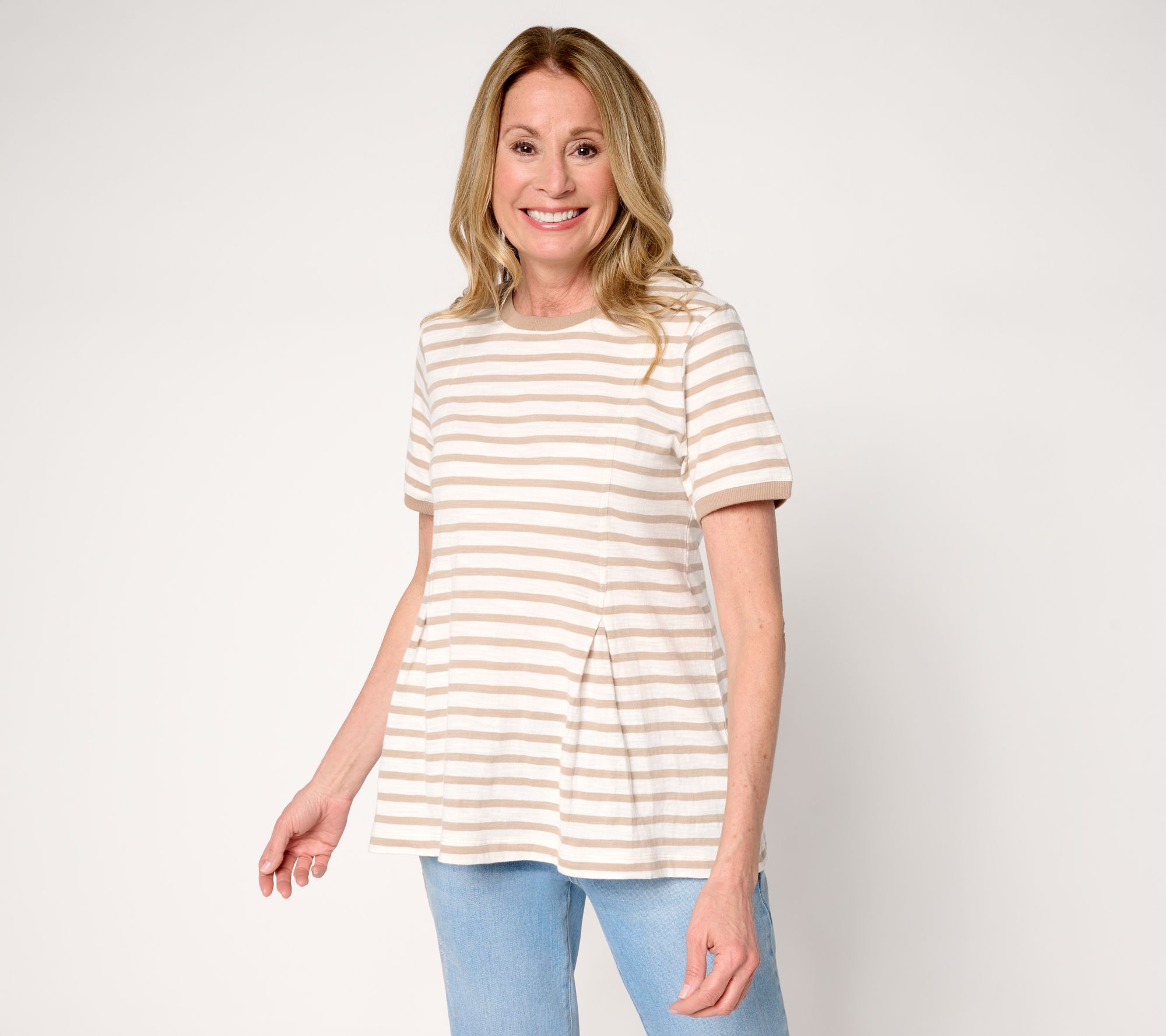 LOGO by Lori Goldstein Pleated Tee with Contrast Rib Trim