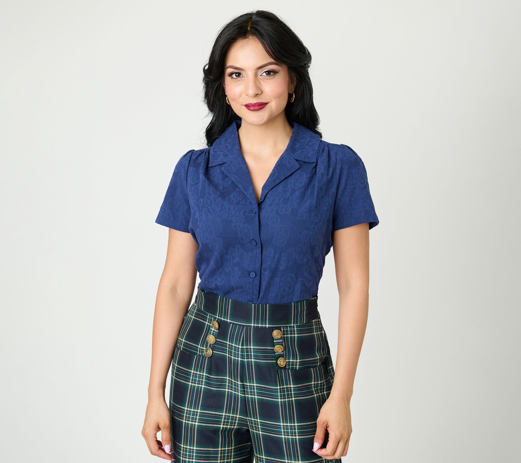 Unique Vintage Navy Jacquard Notched Collar Cot ton Blouse