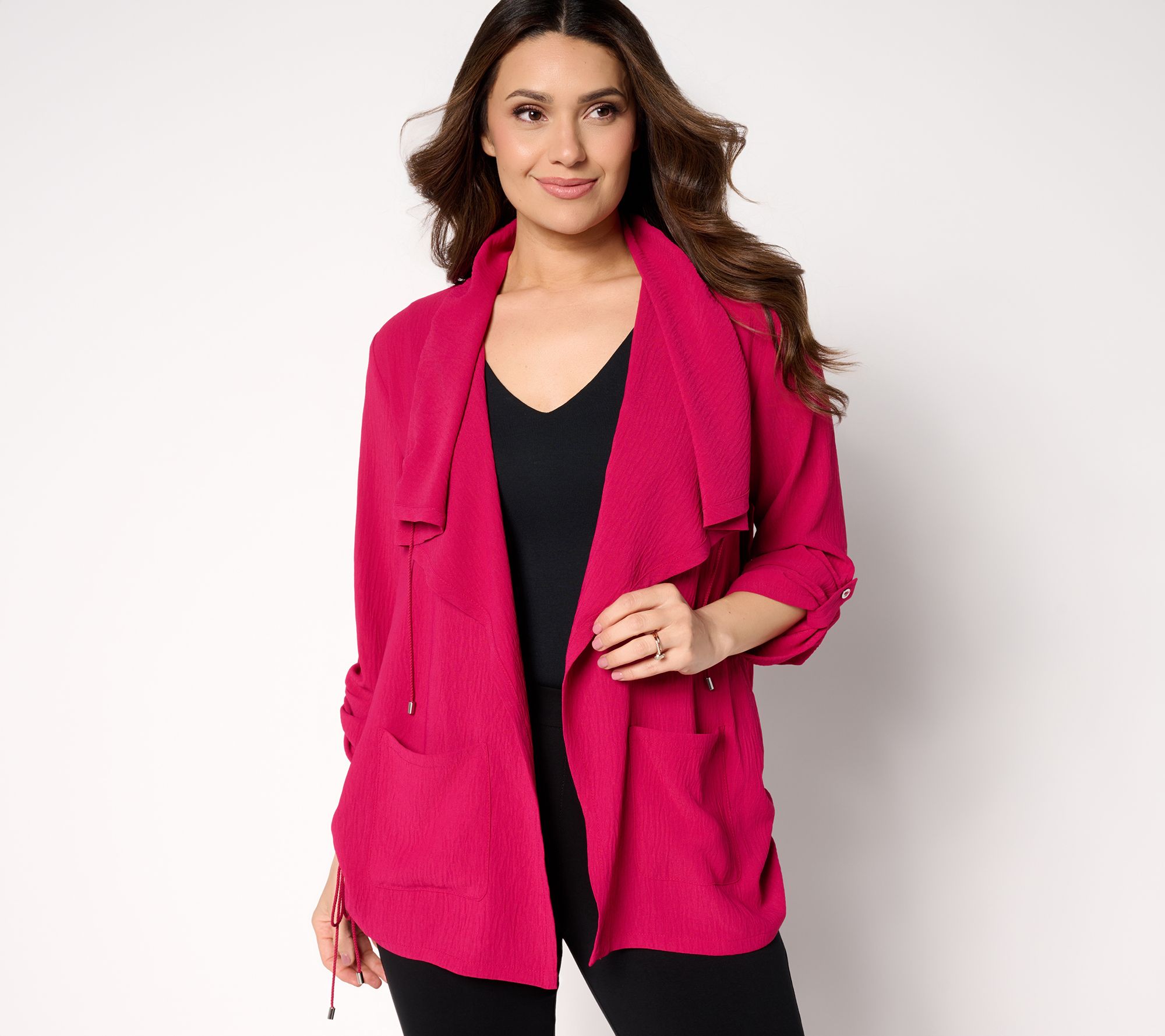 "As Is" Susan Graver Reg Crinkled Woven Drape Front Cardigan