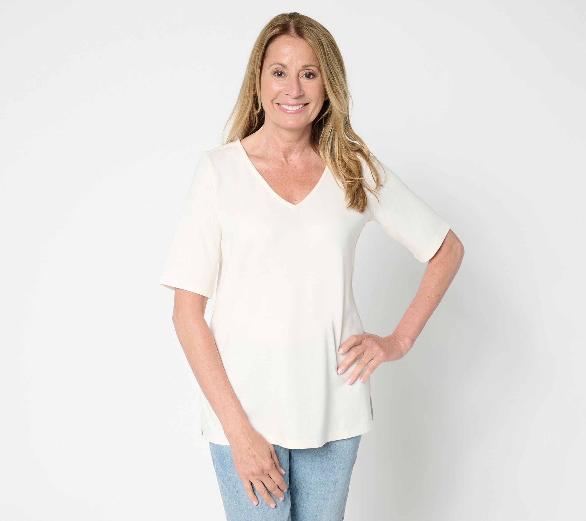 "As Is" Belle by Kim Gravel Jersey Elbow Sleeve V Neck Top
