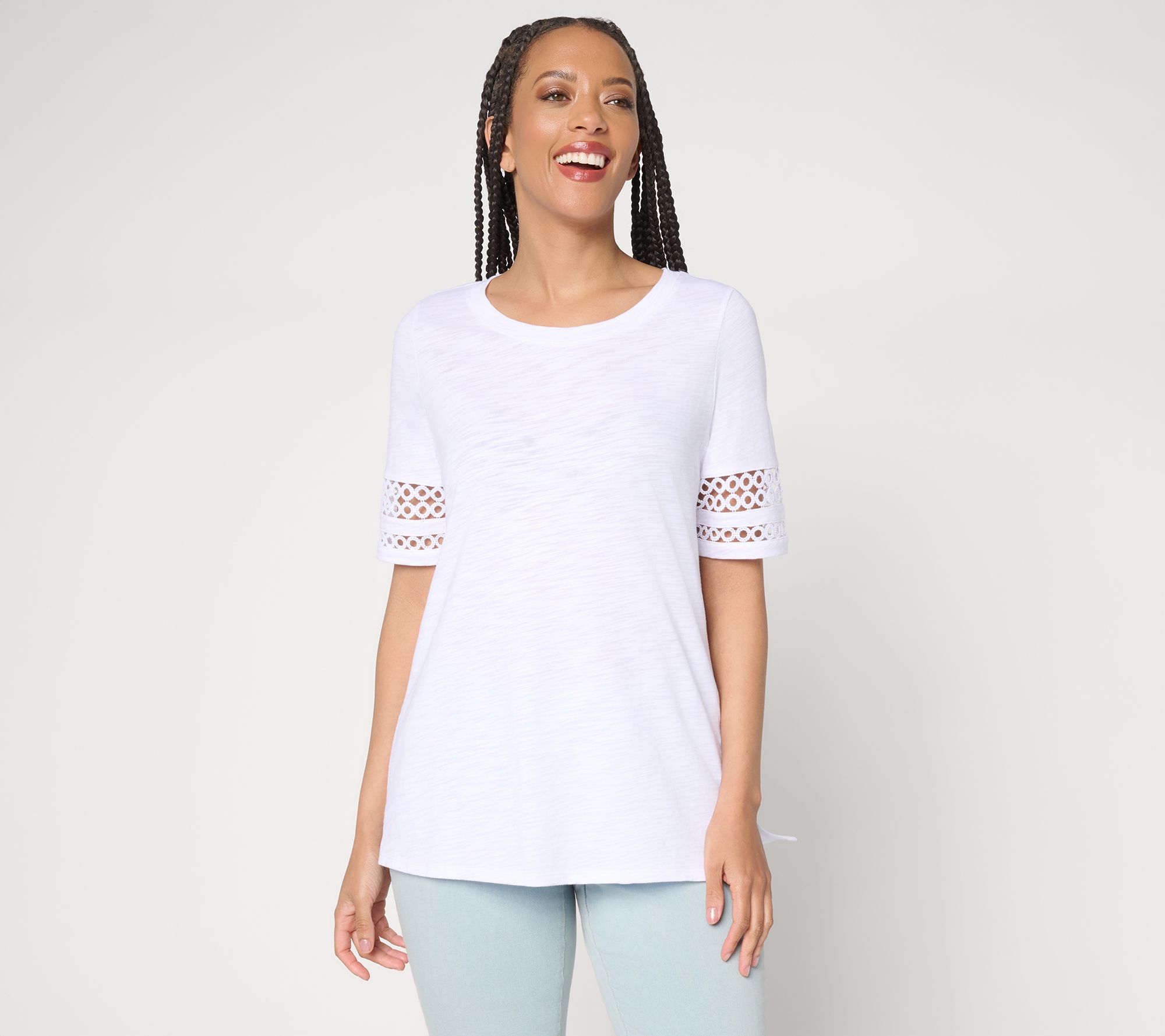 Belle by Kim Gravel Slub Knit Elbow Sleeve Circle Trim Top