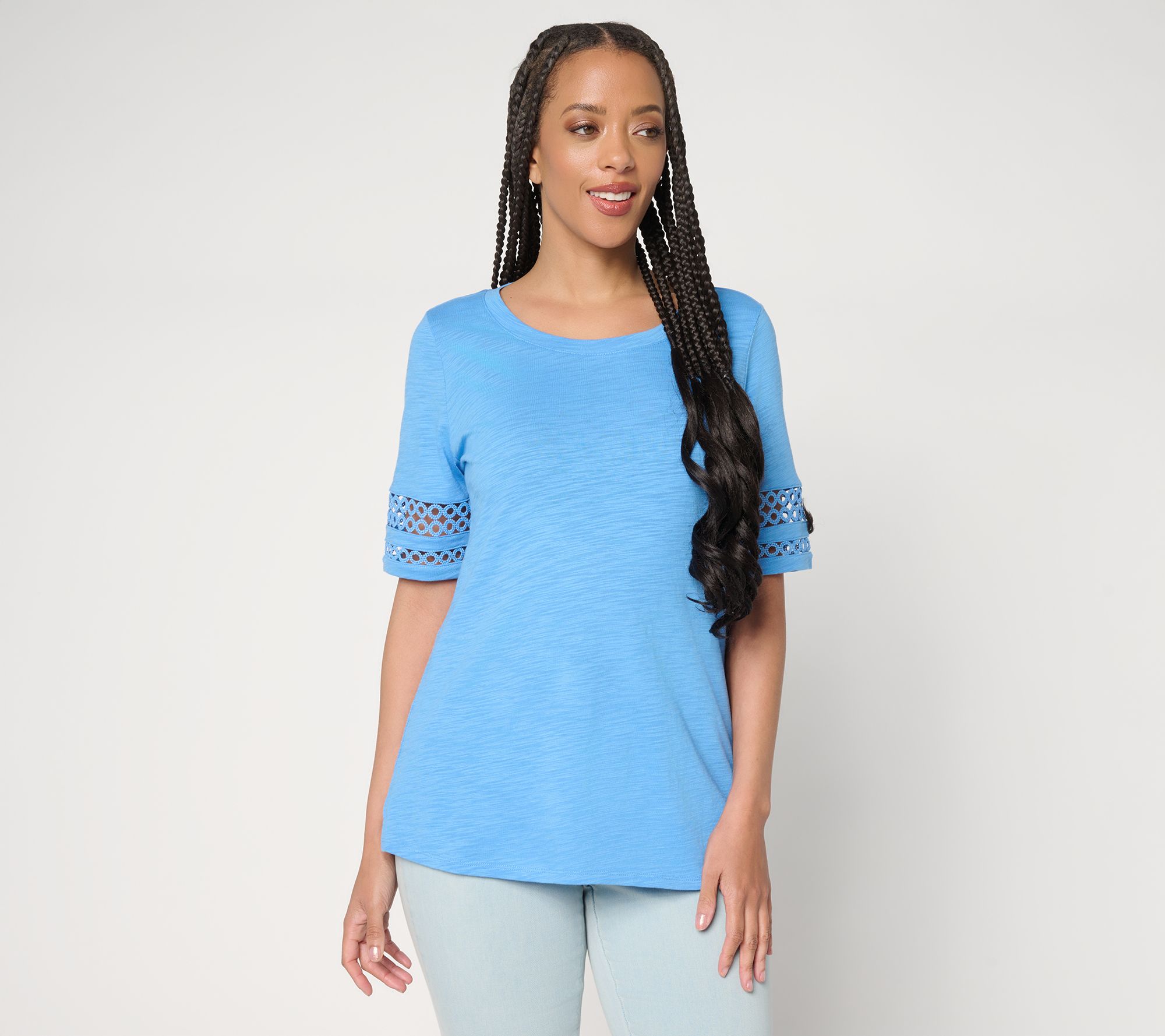 Belle by Kim Gravel Slub Knit Elbow Sleeve Circle Trim Top