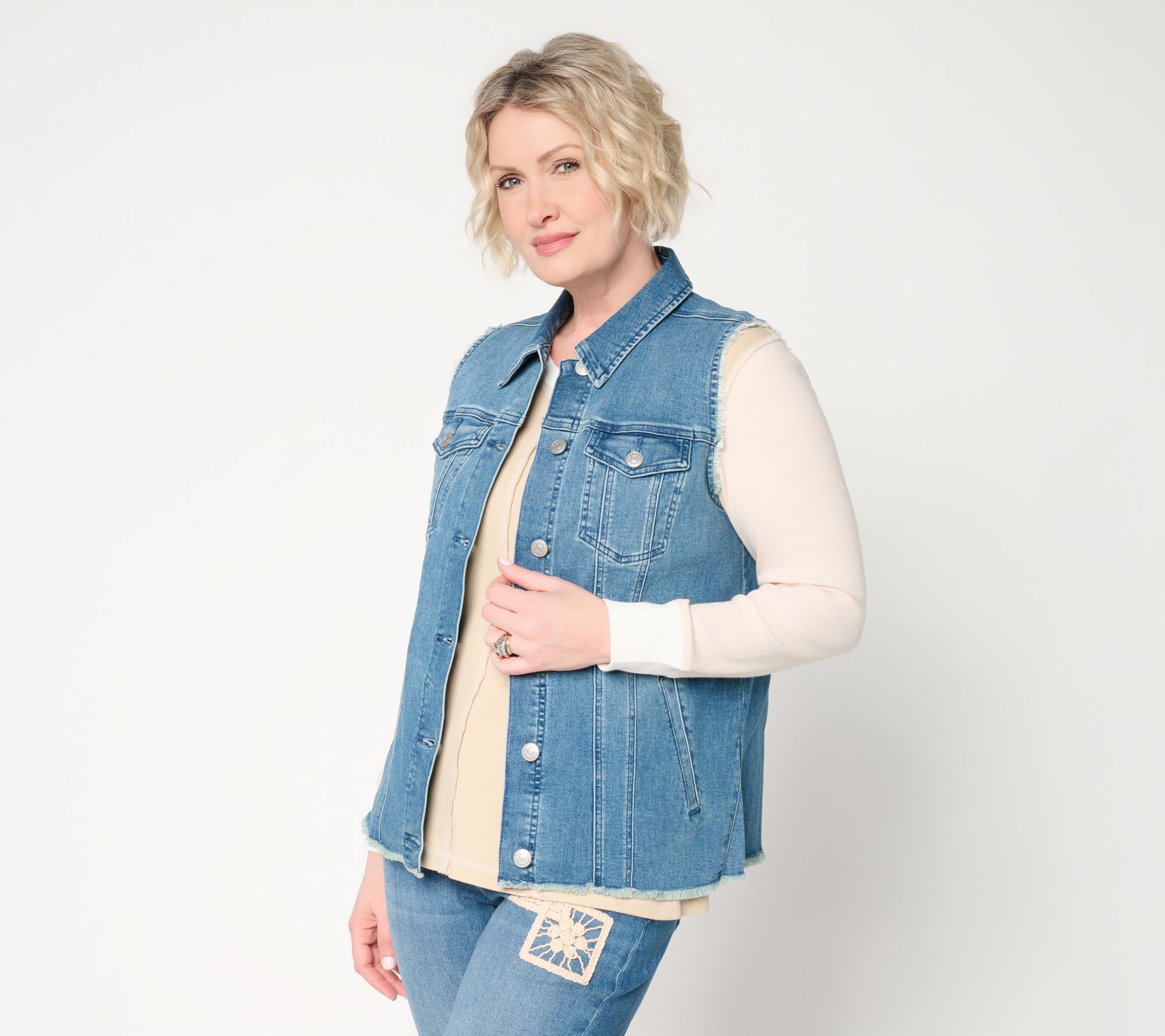 LOGO by Lori Goldstein Denim Vest with Seam and Fray Detail
