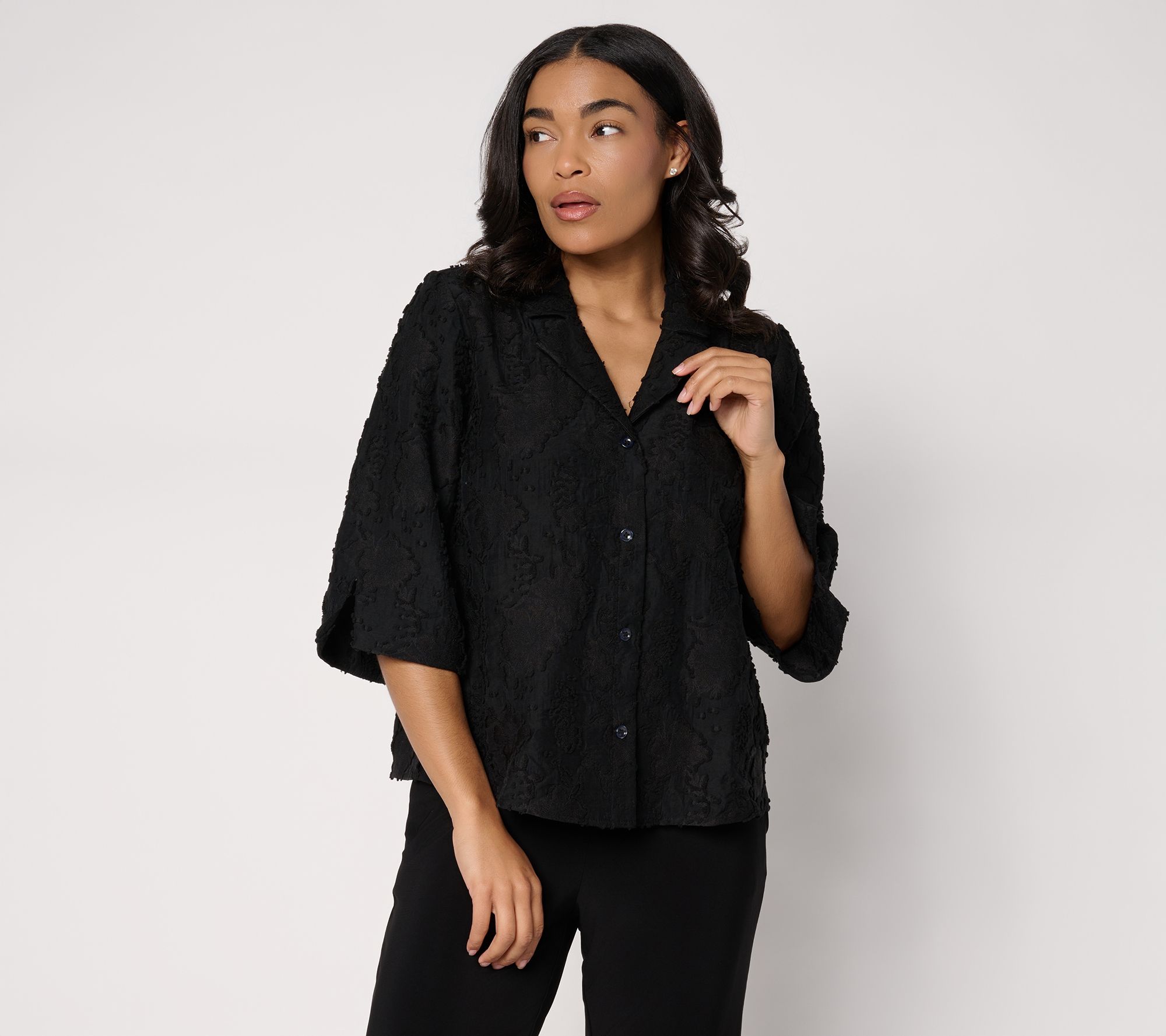 Dennis Basso Clip Jacquard Button Front Top