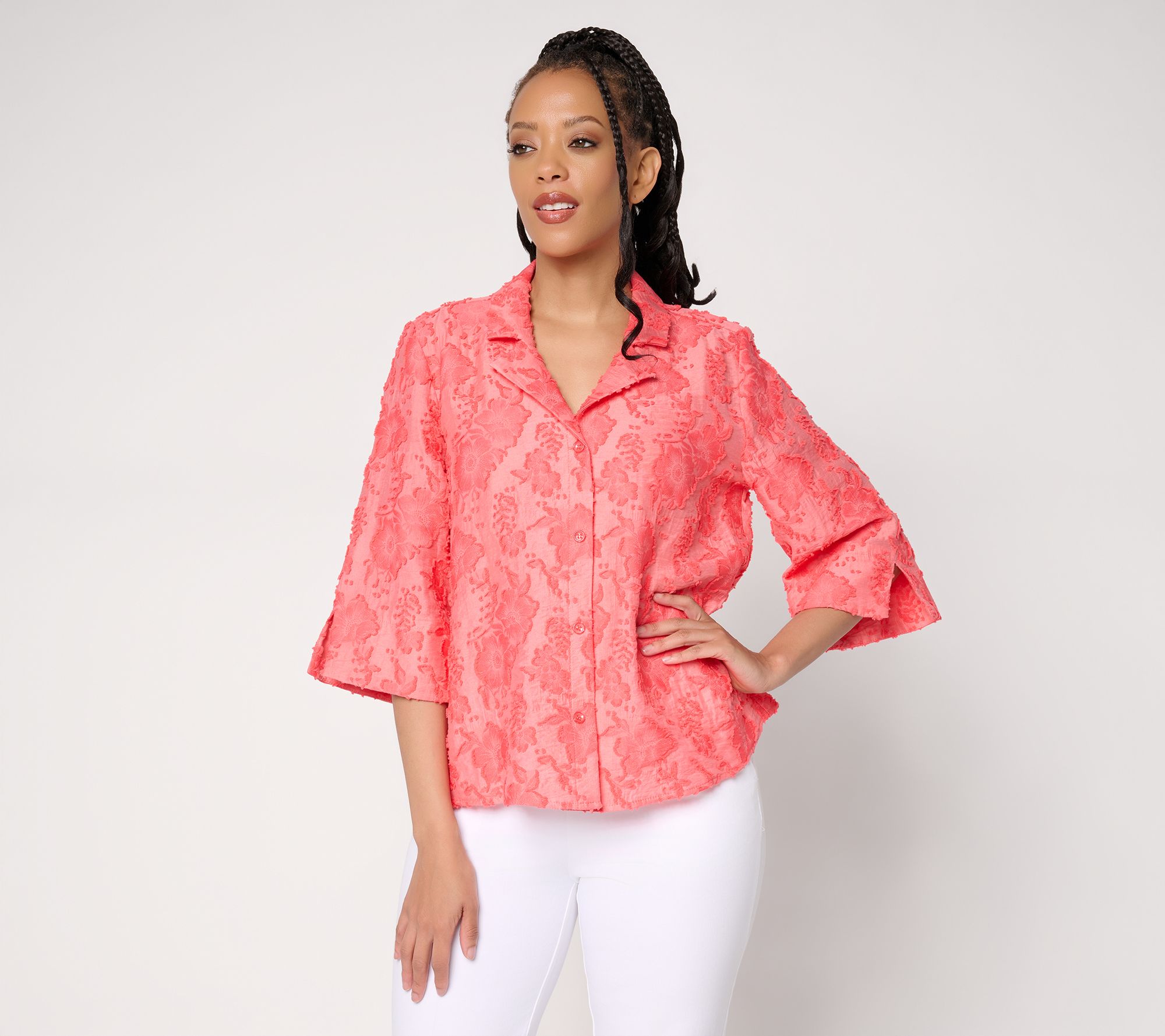 Dennis Basso Clip Jacquard Button Front Top