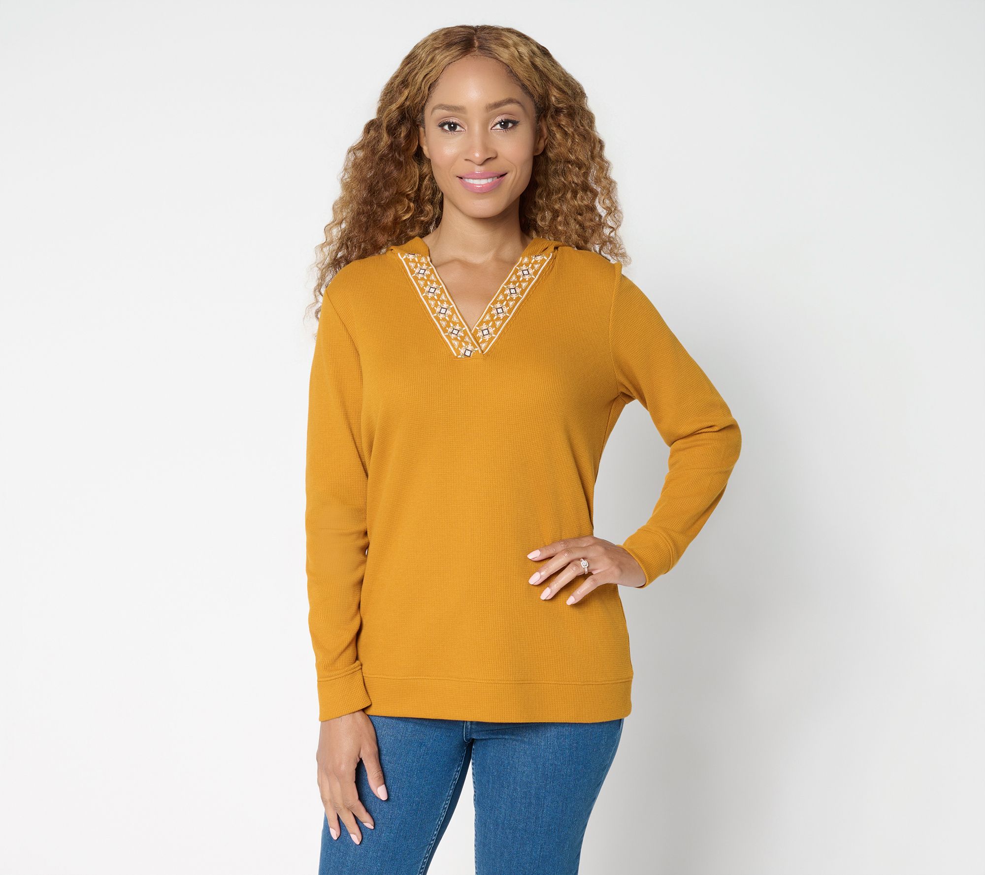 "As Is" Denim & Co. Waffle Knit V-Neck Hooded Top