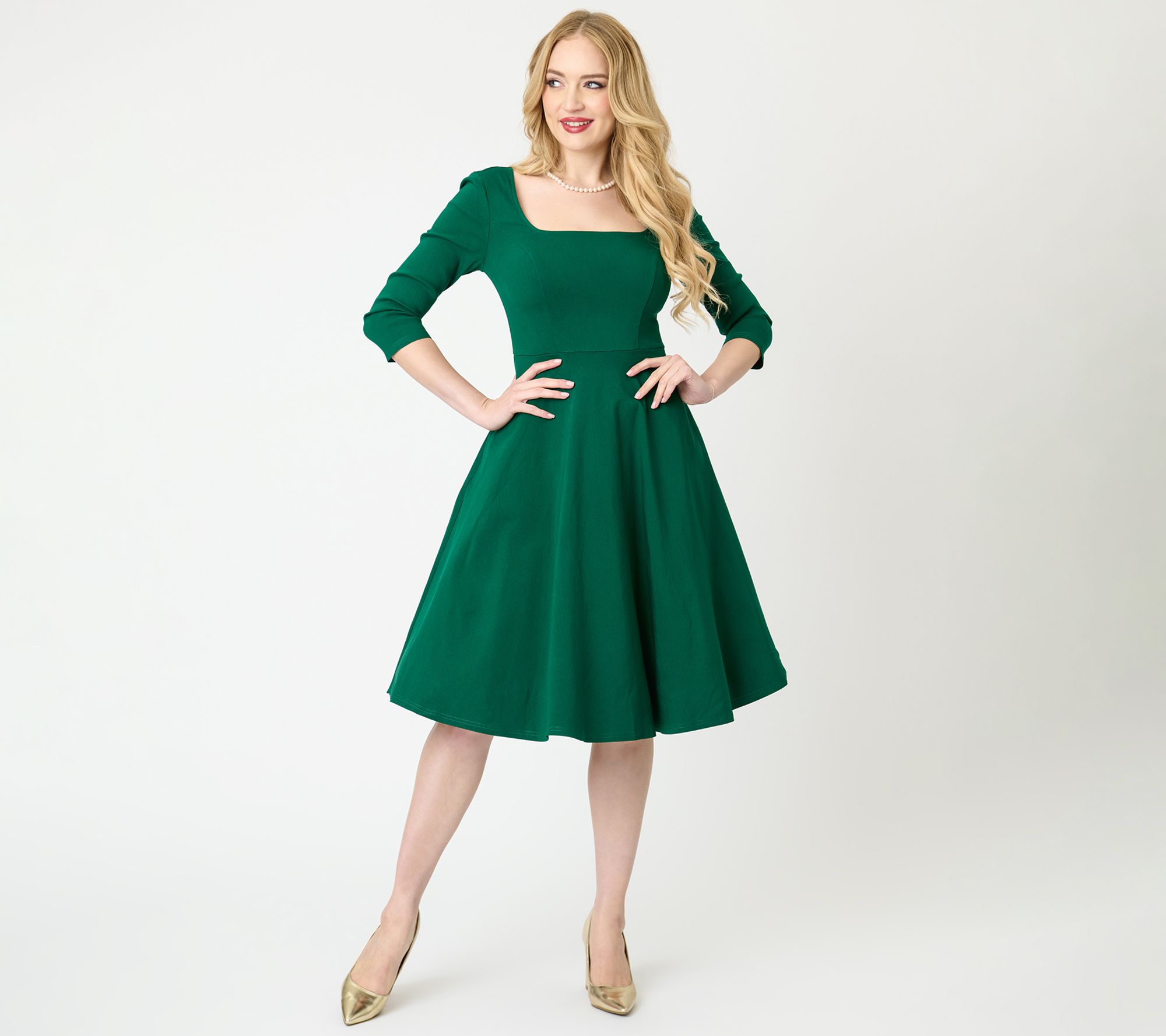 Unique Vintage Green Square Neck Swing Dress