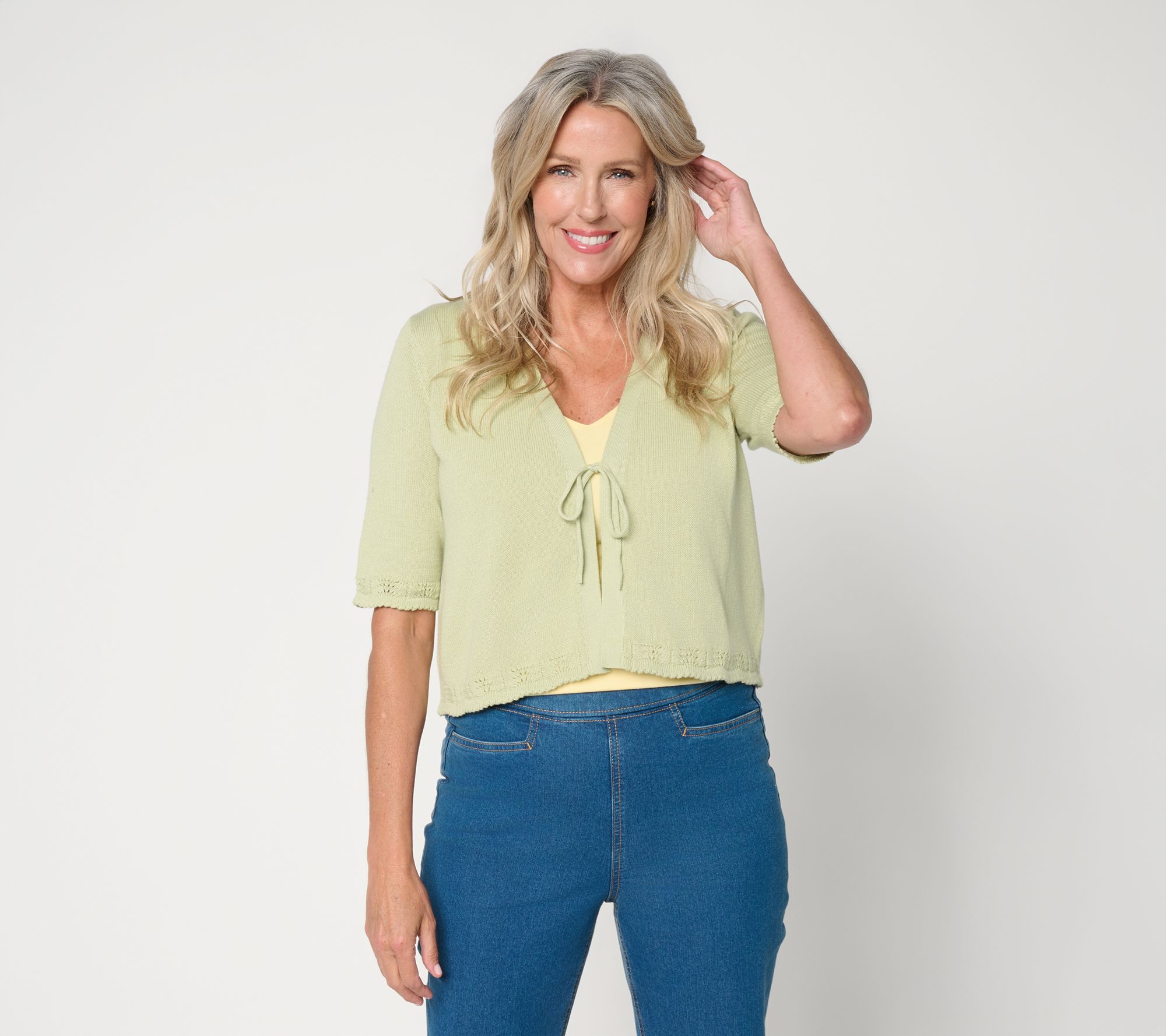 Denim & Co. 100% Cotton Tie Front Elbow Sleeve Shrug