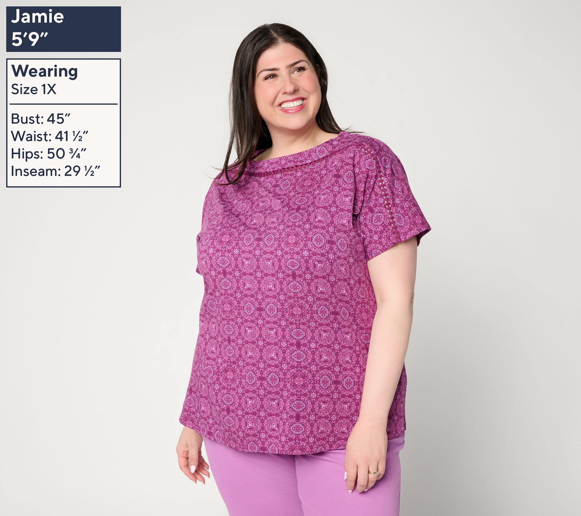 Denim & Co. Printed Favorite Jersey Dolman Sleeve Top w/ Lace | QVC