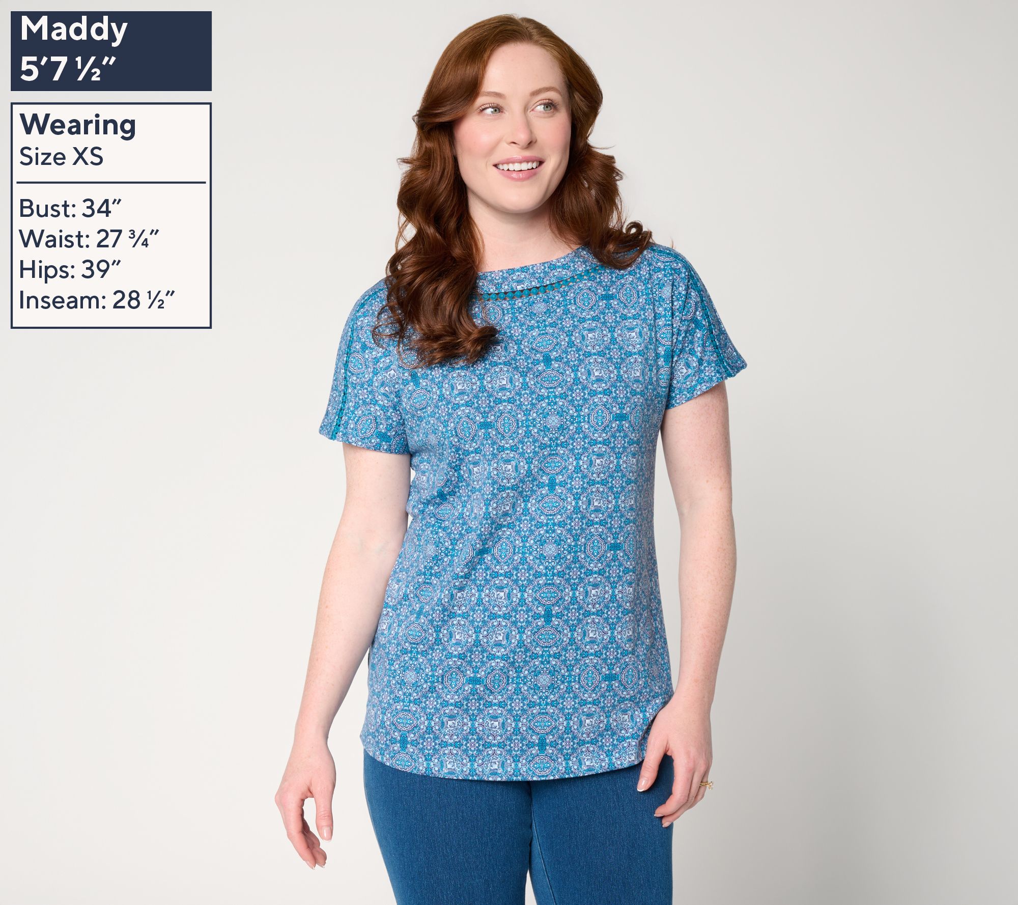 Denim & Co. Printed Favorite Jersey Dolman Sleeve Top w/ Lace | QVC