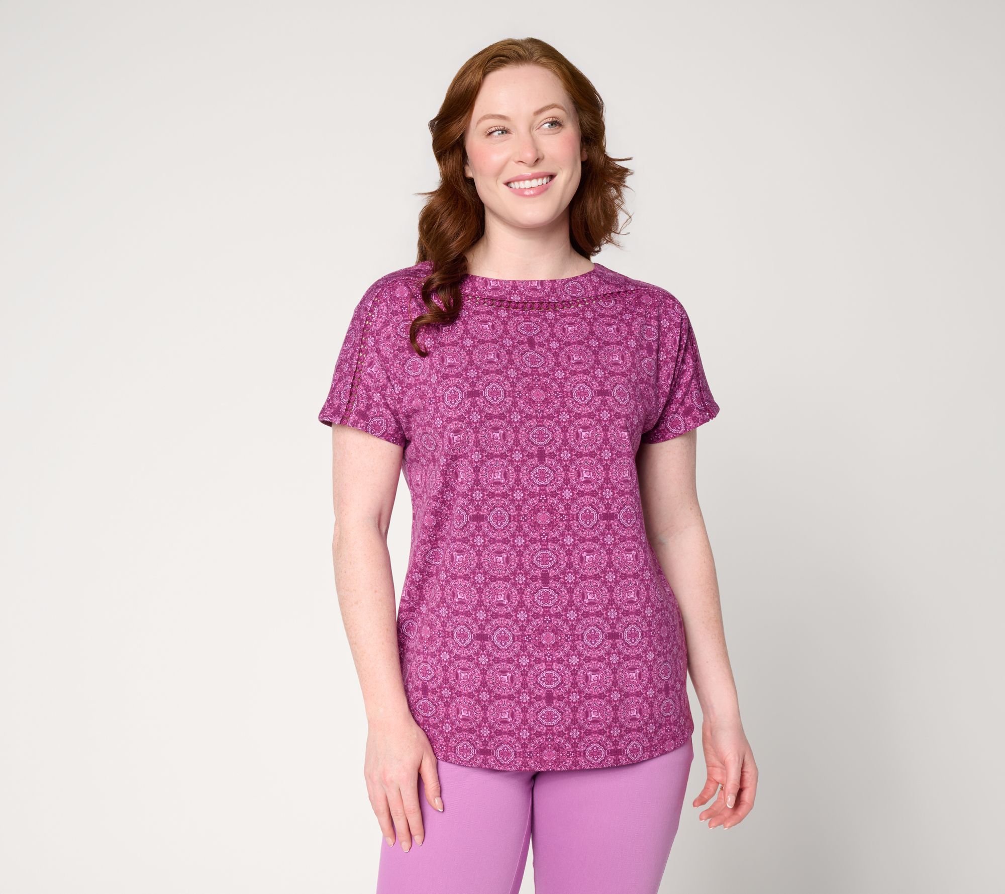 Denim & Co. Printed Favorite Jersey Dolman Sleeve Top w/ Lace