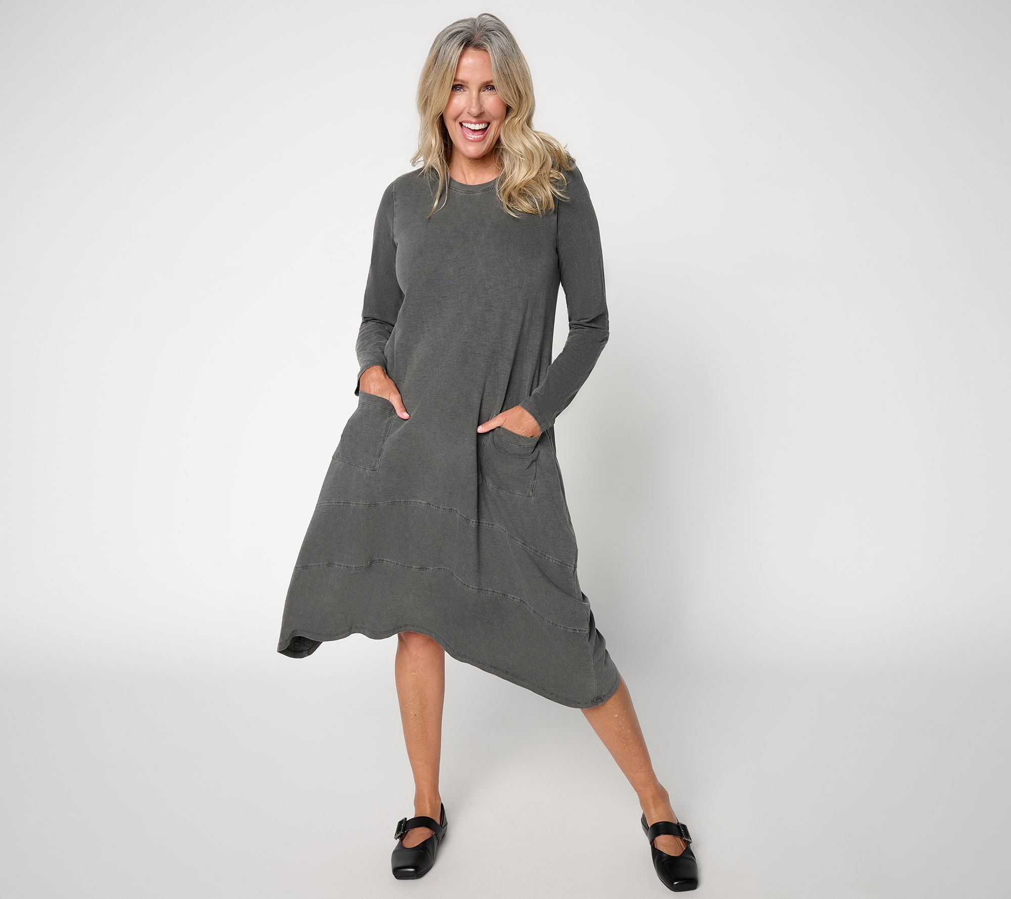 LOGO by Lori Goldstein Petite Washed Long Sleeve Knit Dress