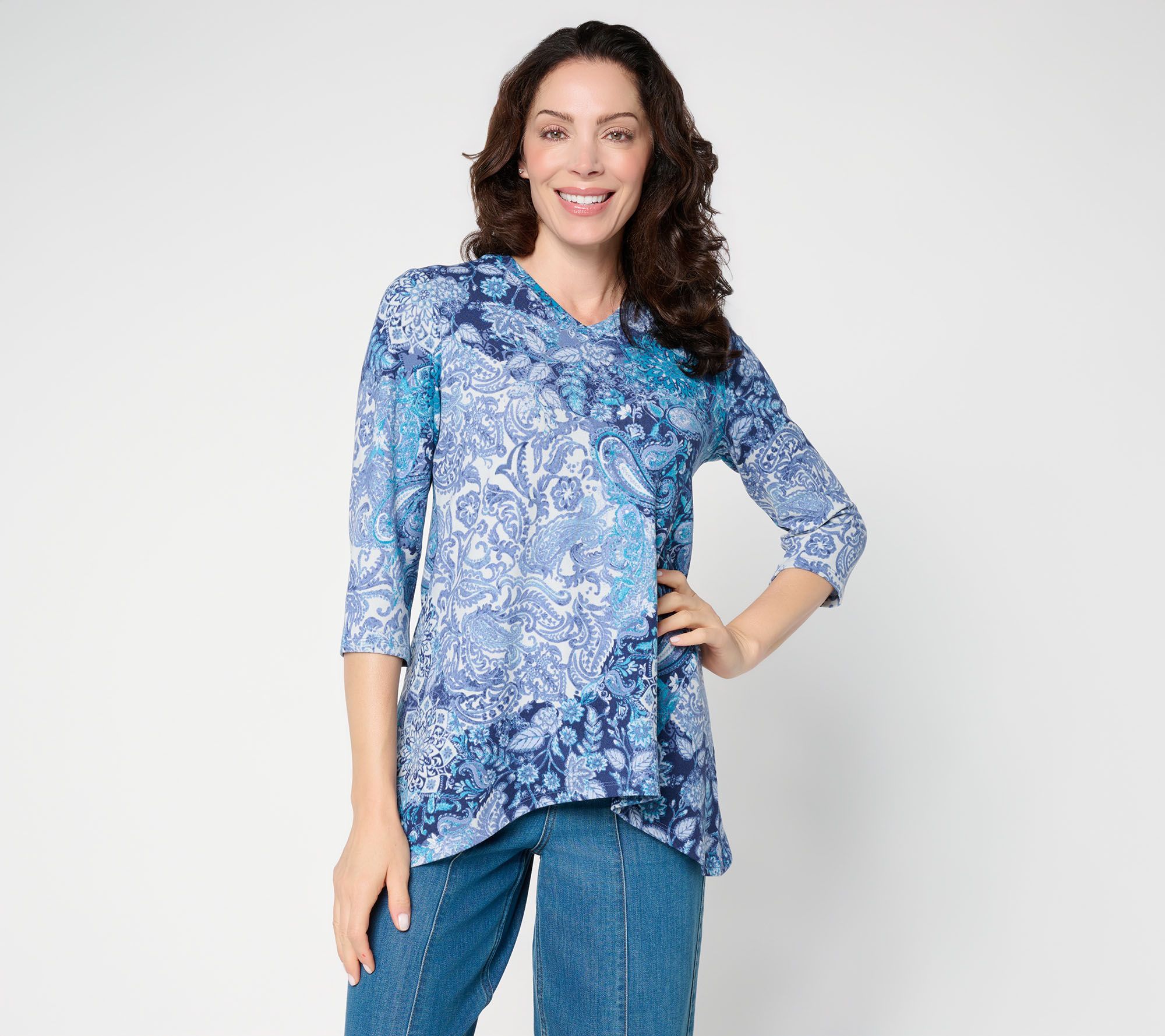 Denim & Co. Printed Heavenly Jersey 3/4-Sleeve Shark Bite Top