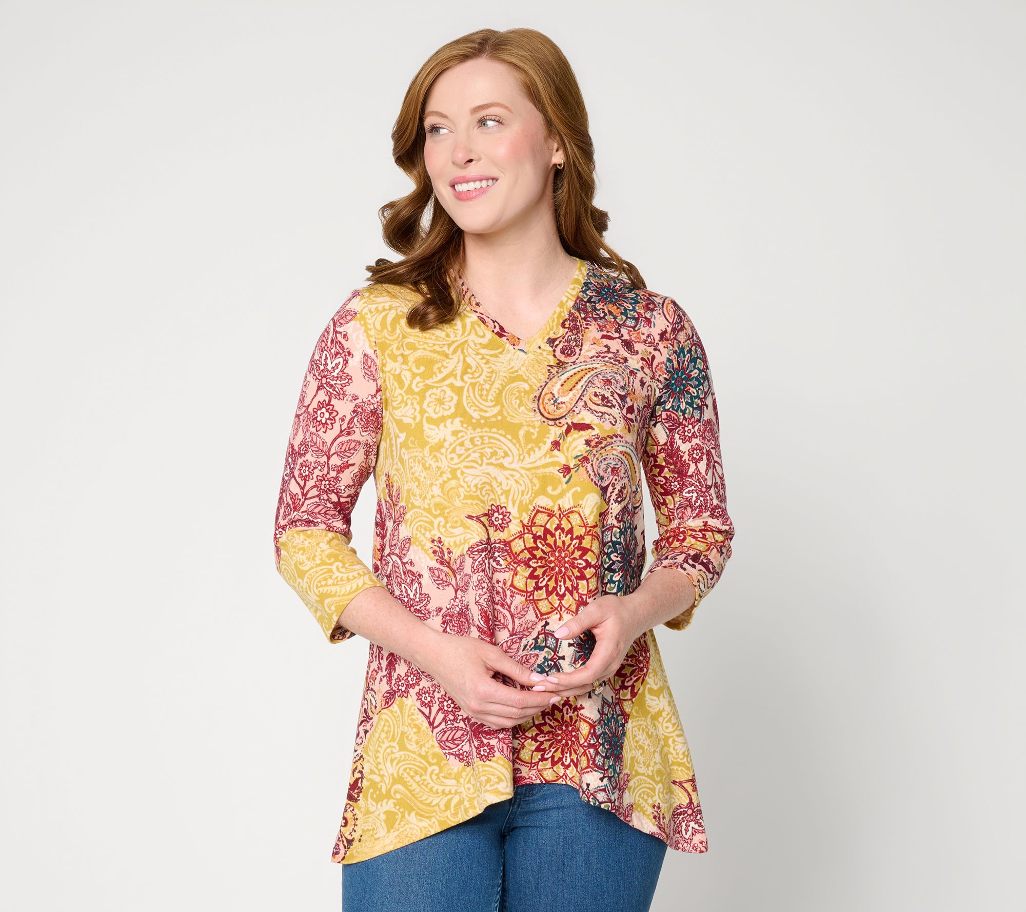 Denim & Co. Printed Heavenly Jersey 3/4-Sleeve Shark Bite Top