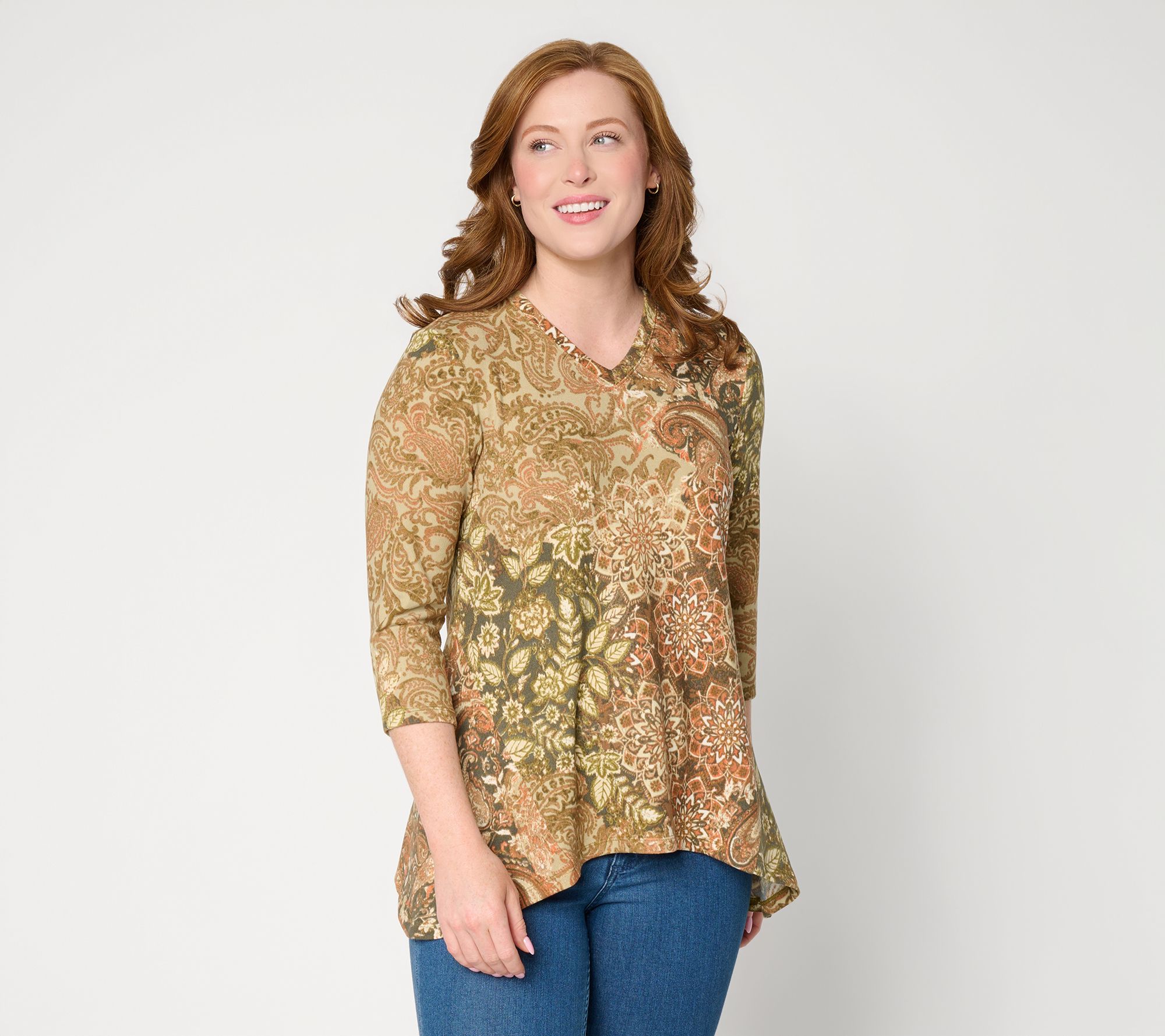 Denim & Co. Printed Heavenly Jersey 3/4-Sleeve Shark Bite Top
