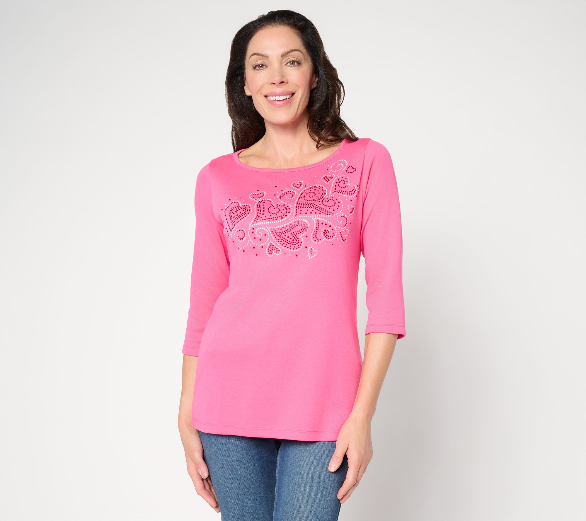 "As Is" Quacker Factory Heart 2 Heart Bateau Rhinestone 3/4 Sleeve Top