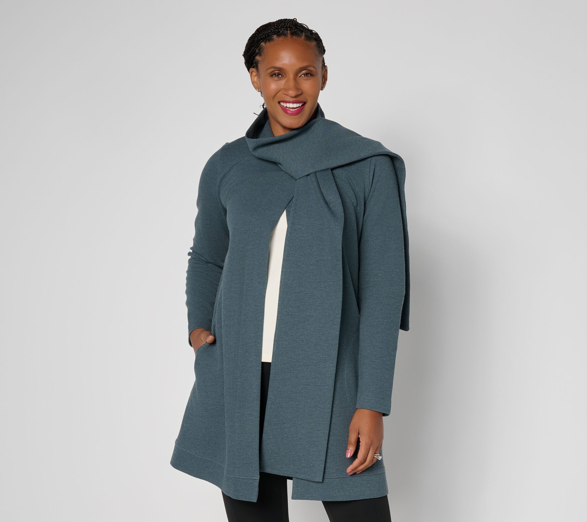 Denim & Co. Active Petite Brushed Waffle Knit Cardigan