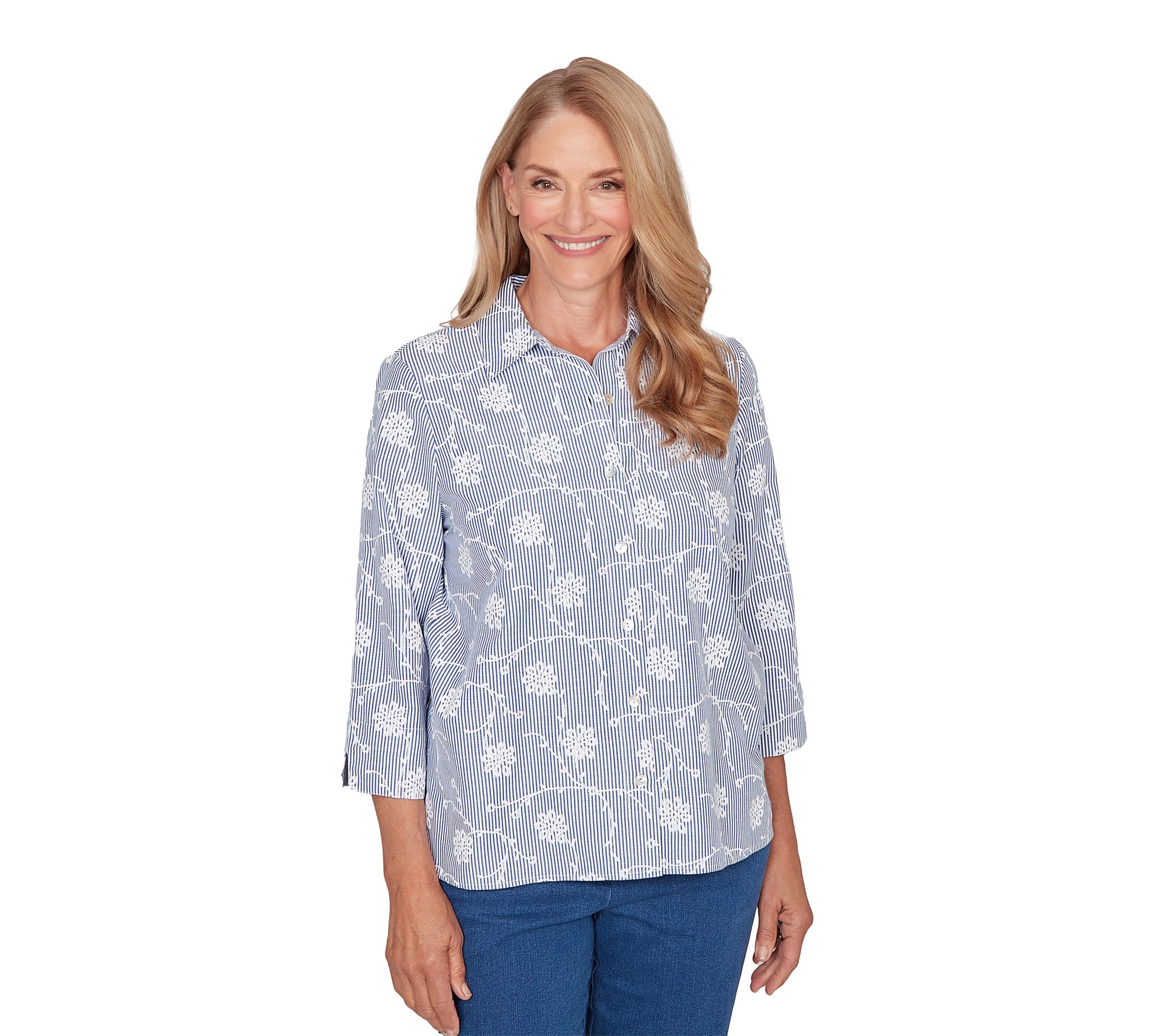 Alfred Dunner Women's Puff Print Embroidered Pinstripe Shirt