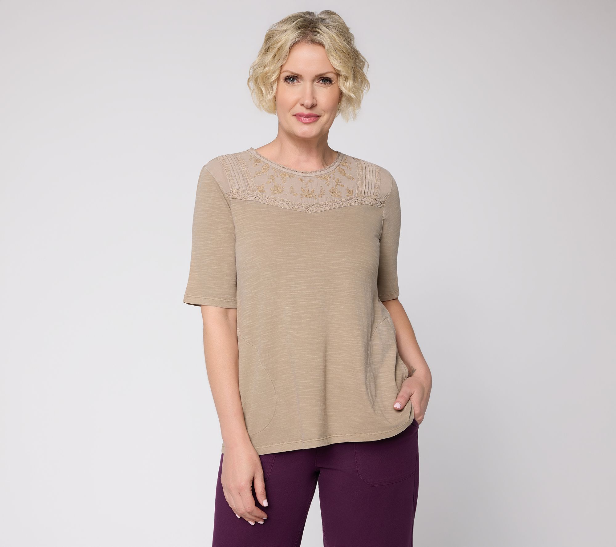"As Is" LOGO Lavish by Lori Goldstein 100% Cotton Elbow Sleeve Top
