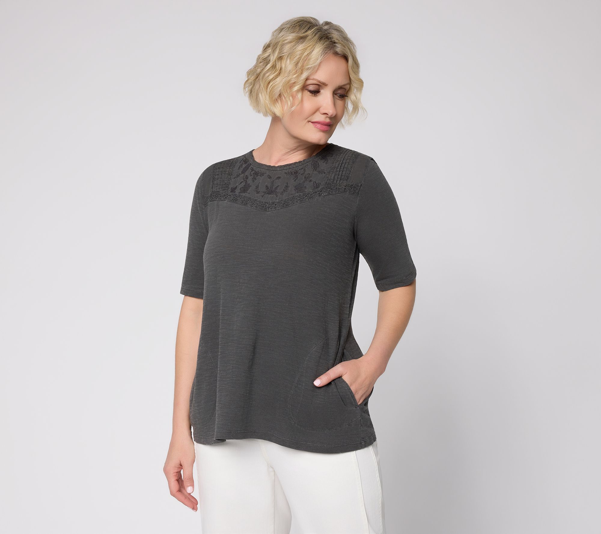 "As Is" LOGO Lavish by Lori Goldstein 100% Cotton Elbow Sleeve Top