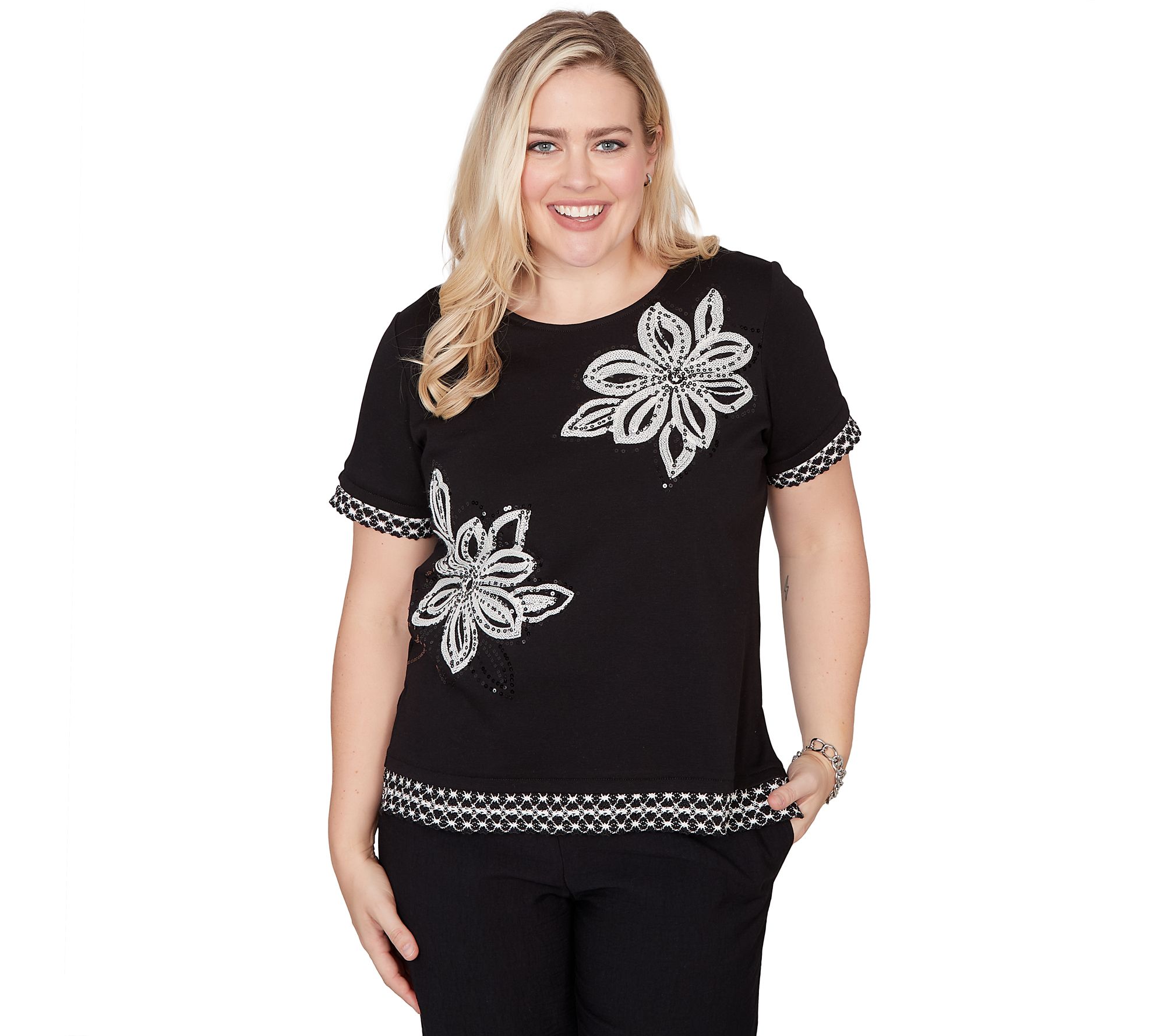 Alfred Dunner Petite Flower Sequin Lace BorderTee