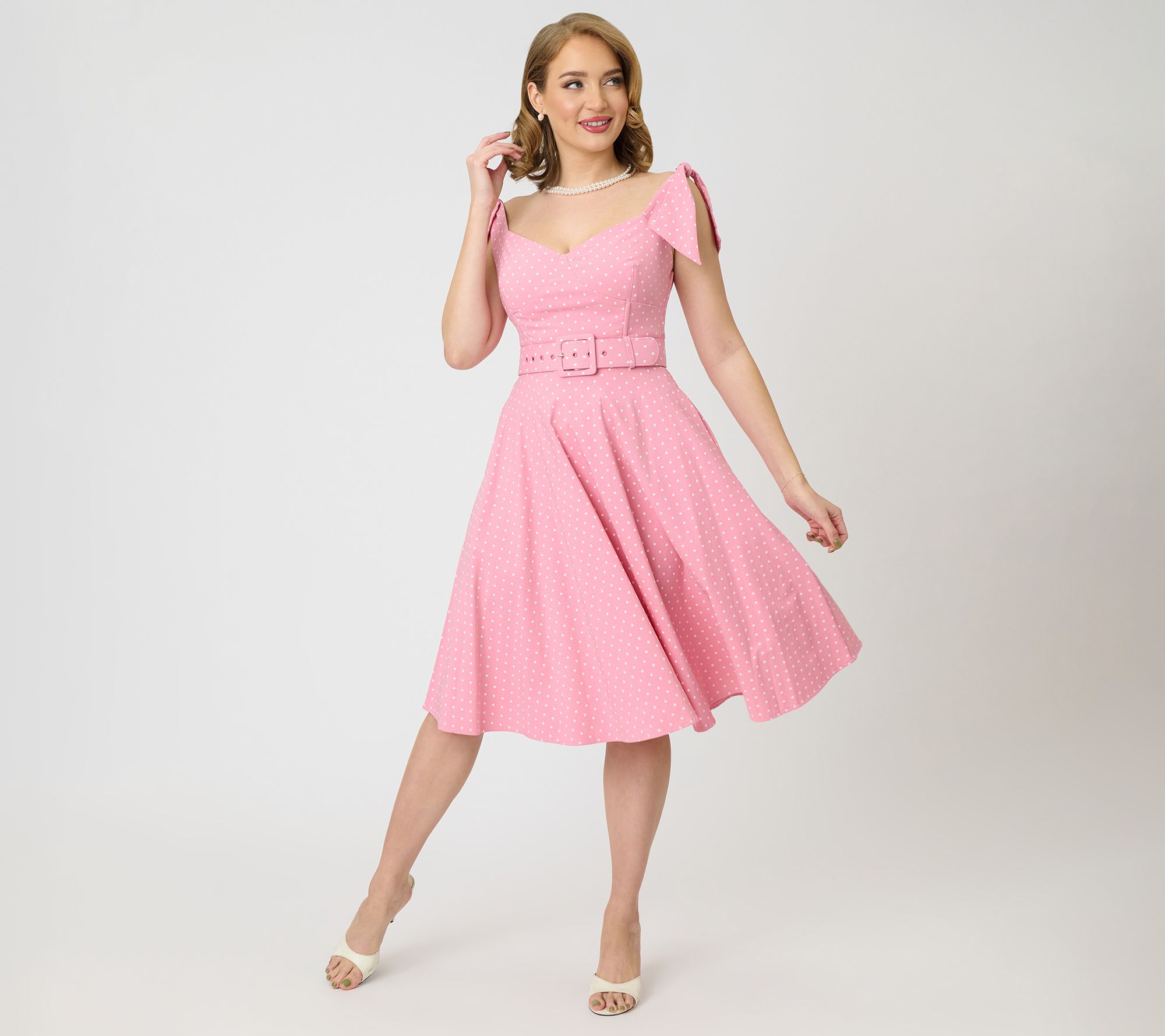 Unique Vintage Pink Pin Dot Off The Shoulder Swing Dress