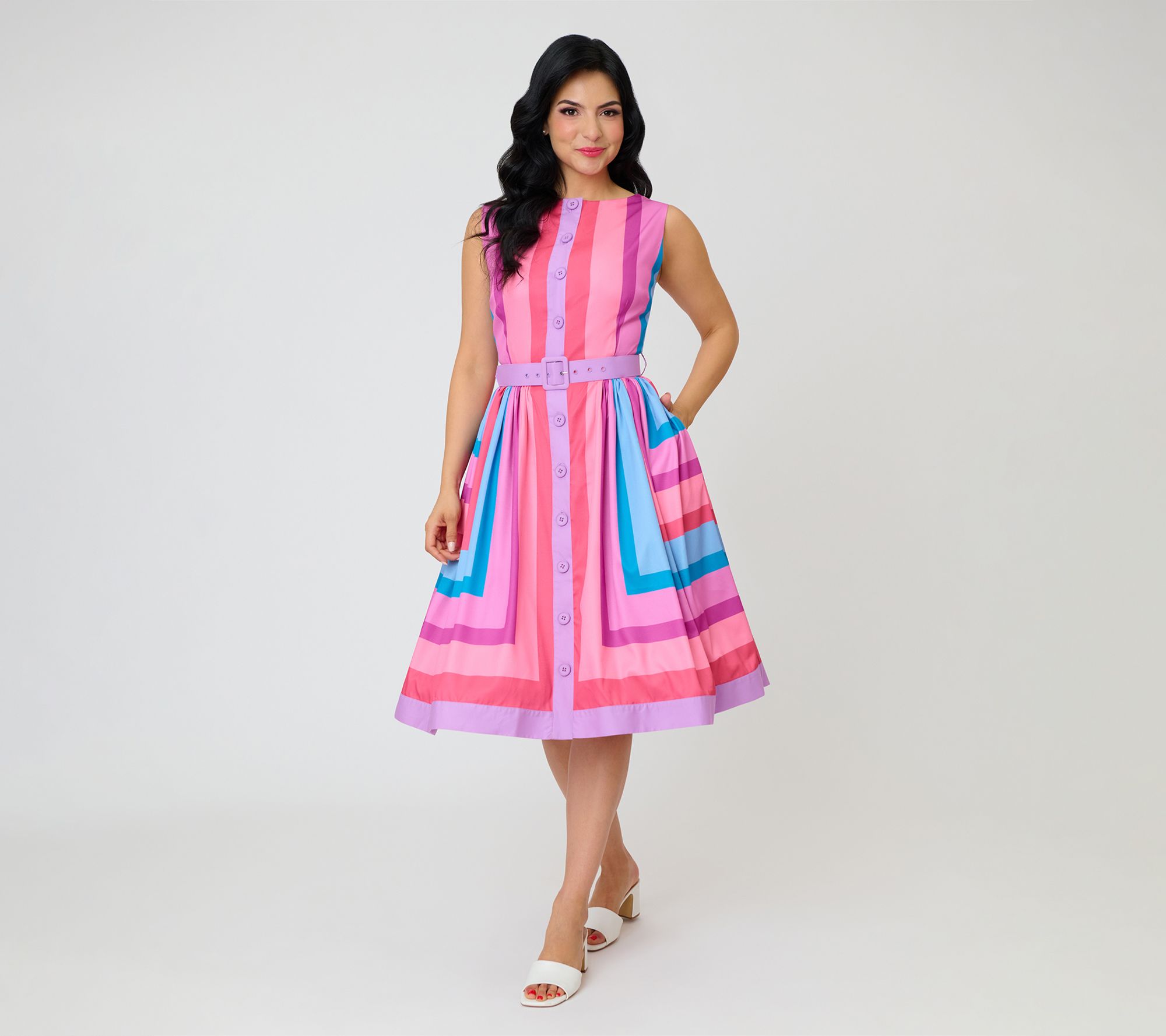 Unique Vintage Purple/Blue Stripes Sleeveless Swing Dress