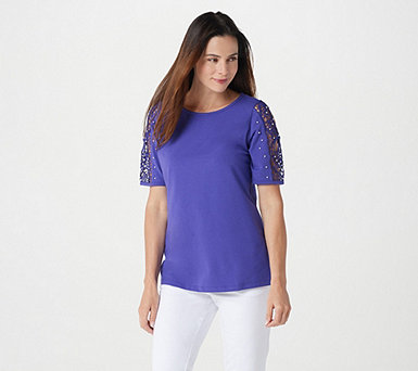  Quacker Factory Lace Sleeve Knit T-shirt with Faux Pearl Detail - A308121