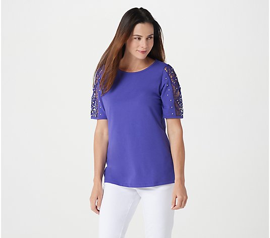 Quacker Factory Lace Sleeve Knit T-shirt with Faux Pearl Detail