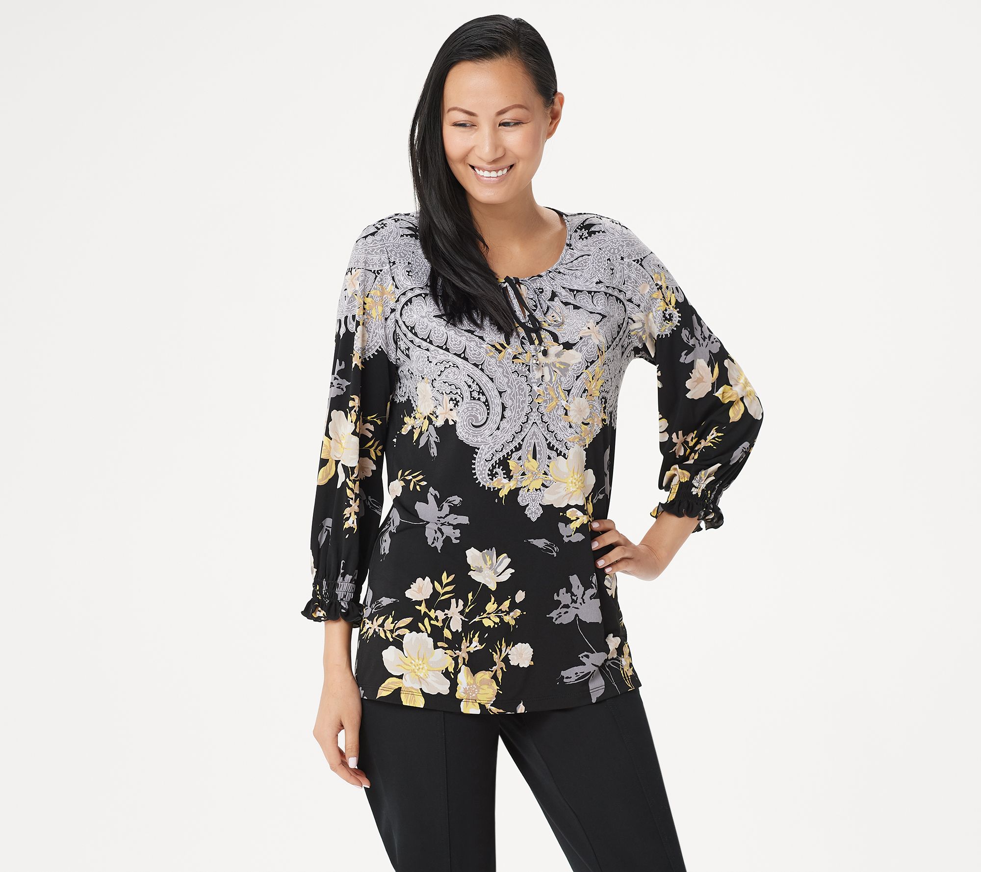 "As Is" Susan Graver Printed Liquid Knit Tunic with Tie Detail