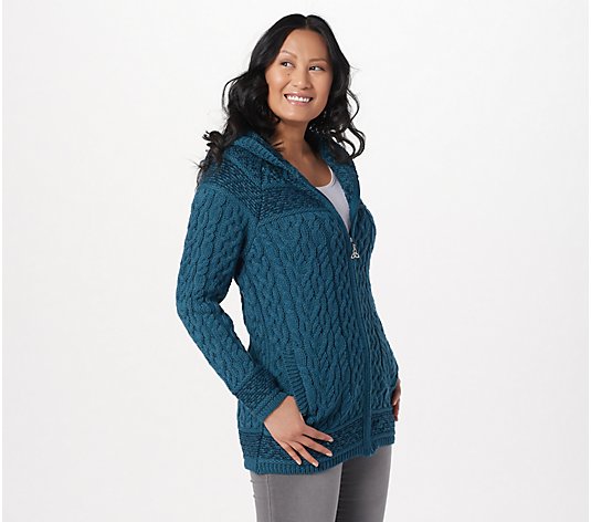 Aran Craft Merino Wool Jacquard Zip-Front Sweater w Hood