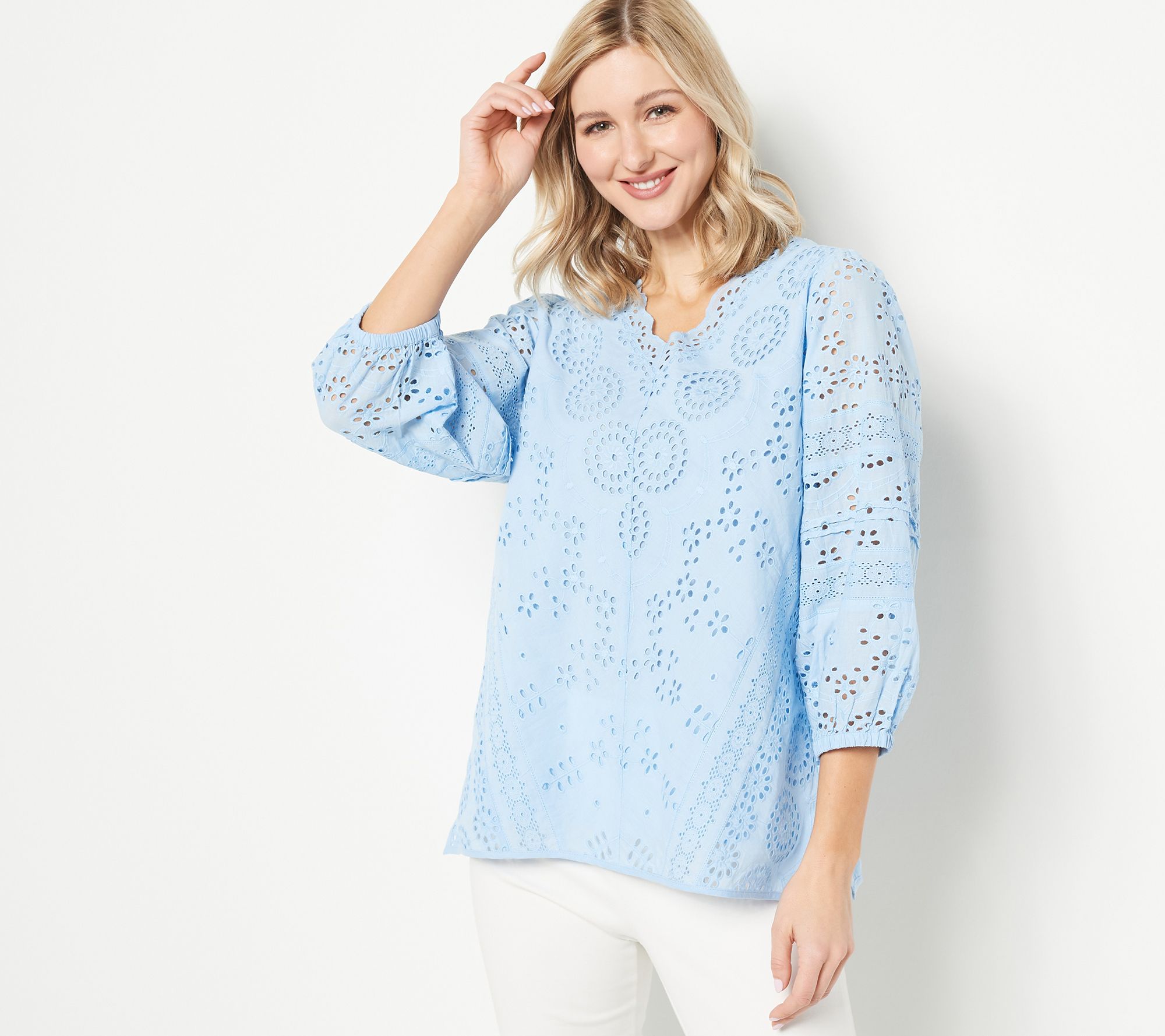 As Is Tolani Collection Long Sleeve Eyelet Top 