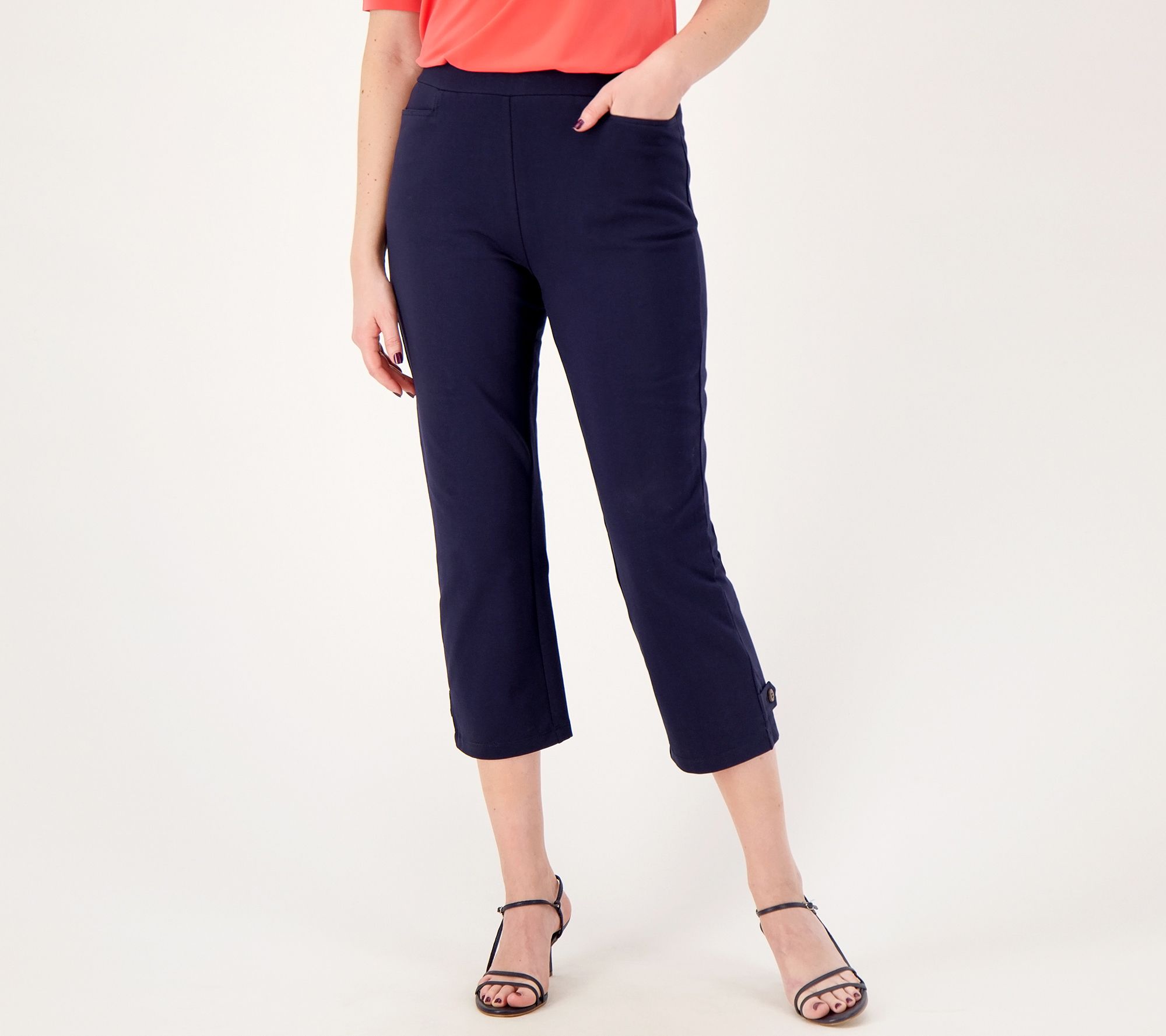 Susan Graver Weekend Petite Premium Stretch Crop Pants with Tab Detail - QVC .com