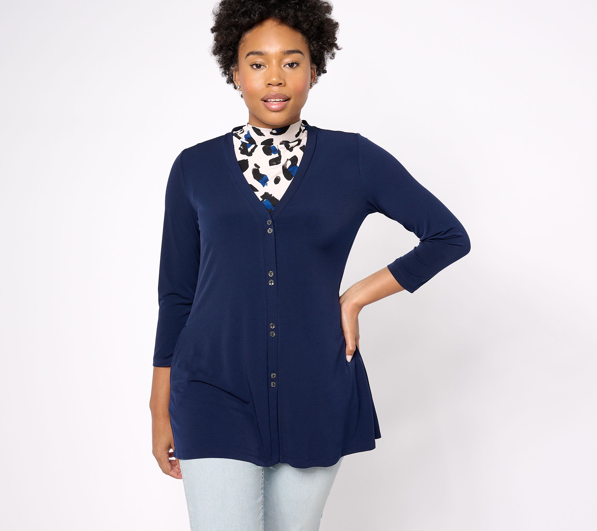 Susan Graver Pet Solid Liquid Knit A-Line Cardigan & Prnt Tank Set