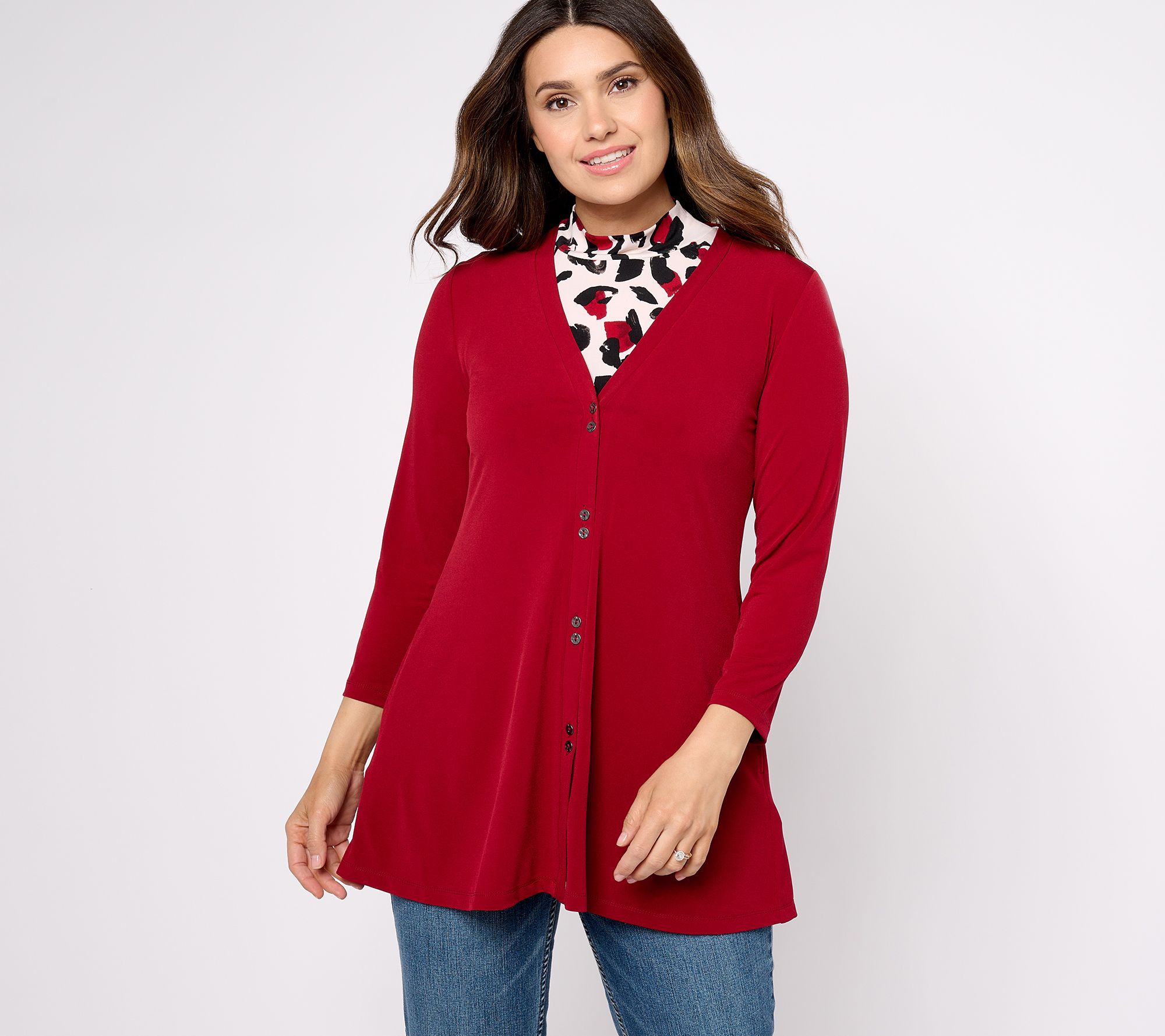 Susan Graver Pet Solid Liquid Knit A-Line Cardigan & Prnt Tank Set