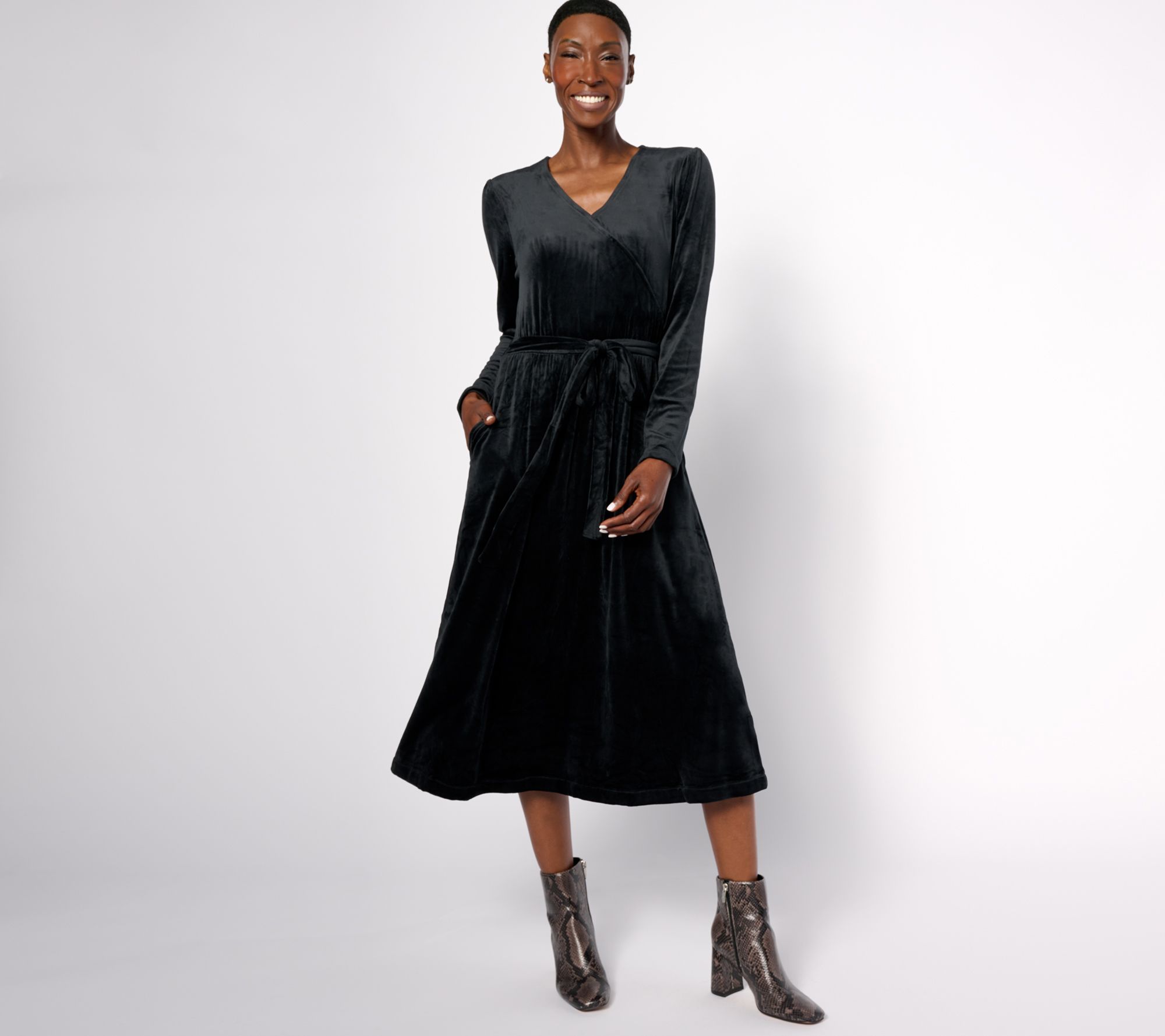 Denim & Co, Printed Velour Regular V-Neck Midi Dress w/ Pockets