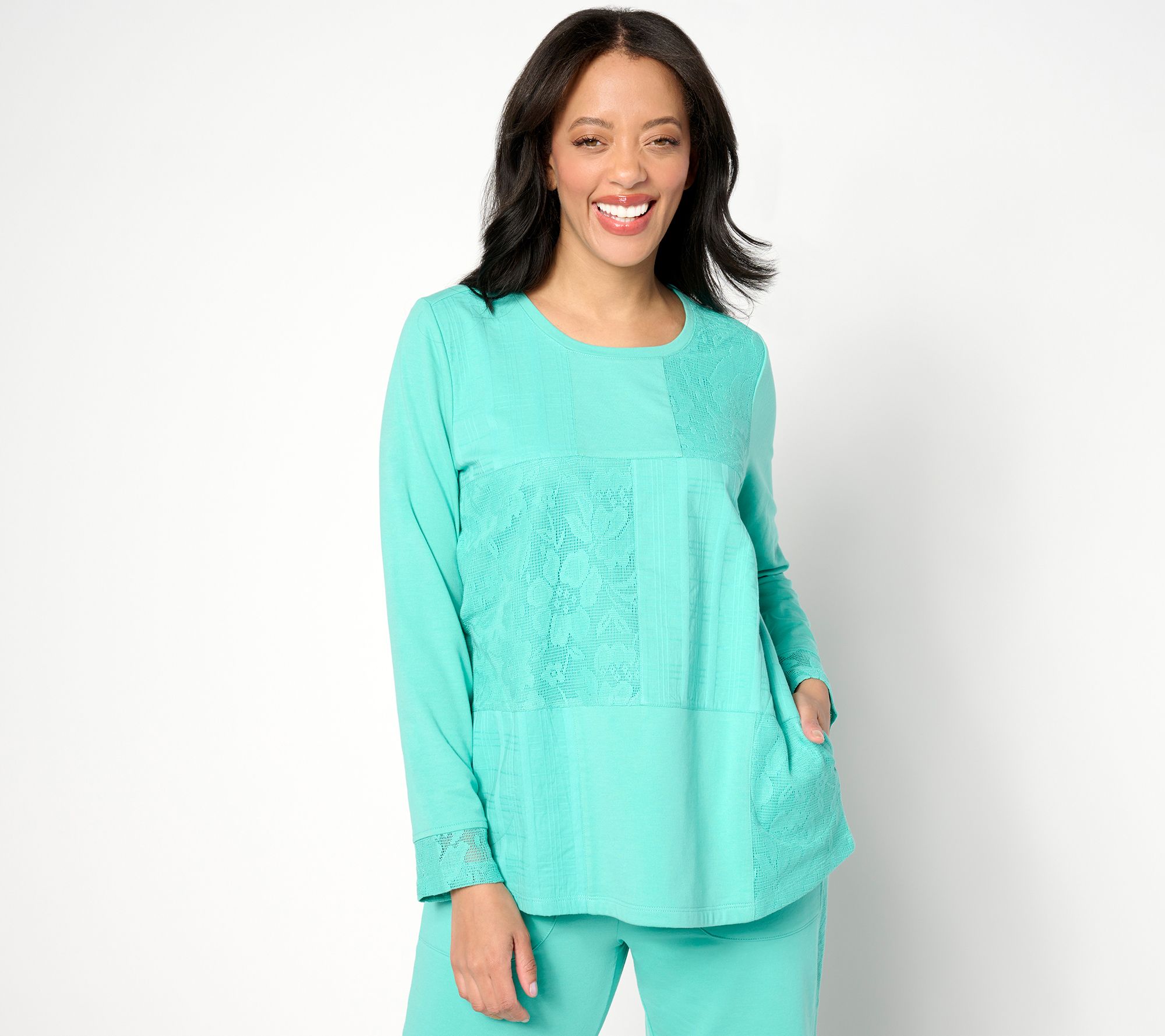 LOGO Life by Lori Goldstein French Terry Top With Crochet Lace