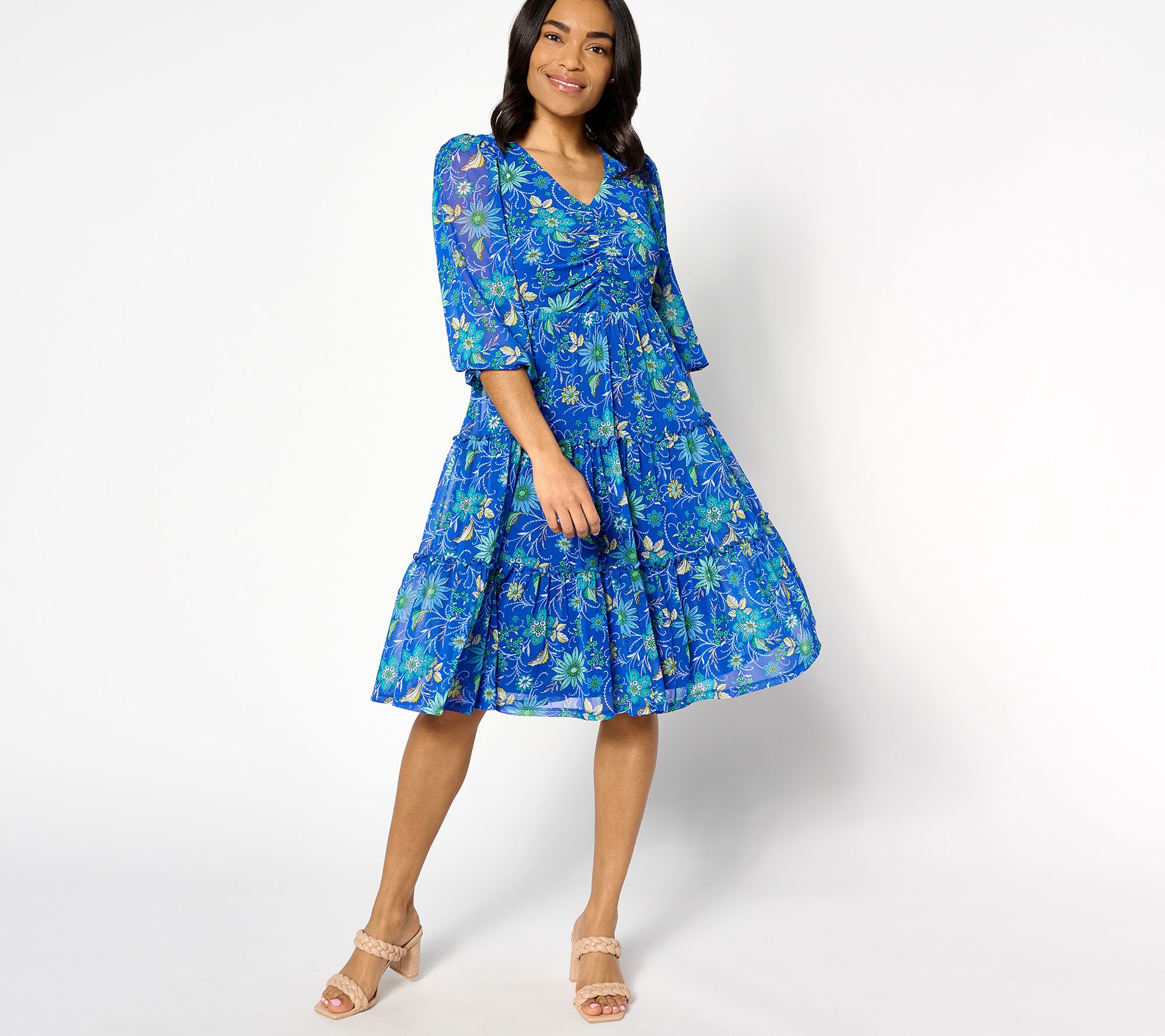 Susan Graver Printed Mesh V-Neck 3/4 Sleeve Tiered Dress - QVC.com