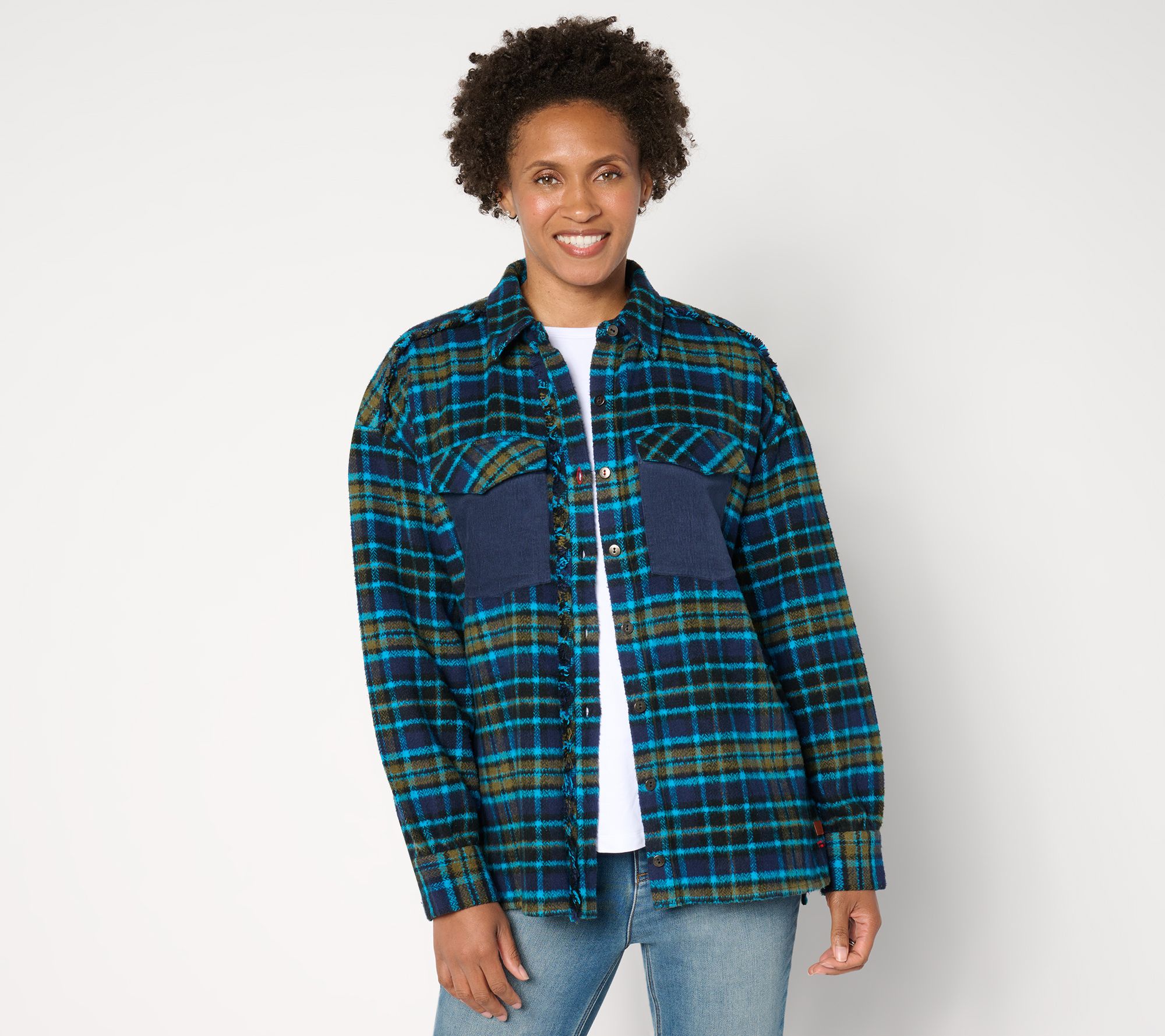 Peace Love World Plaid Button-Front Long Sleeve Shacket