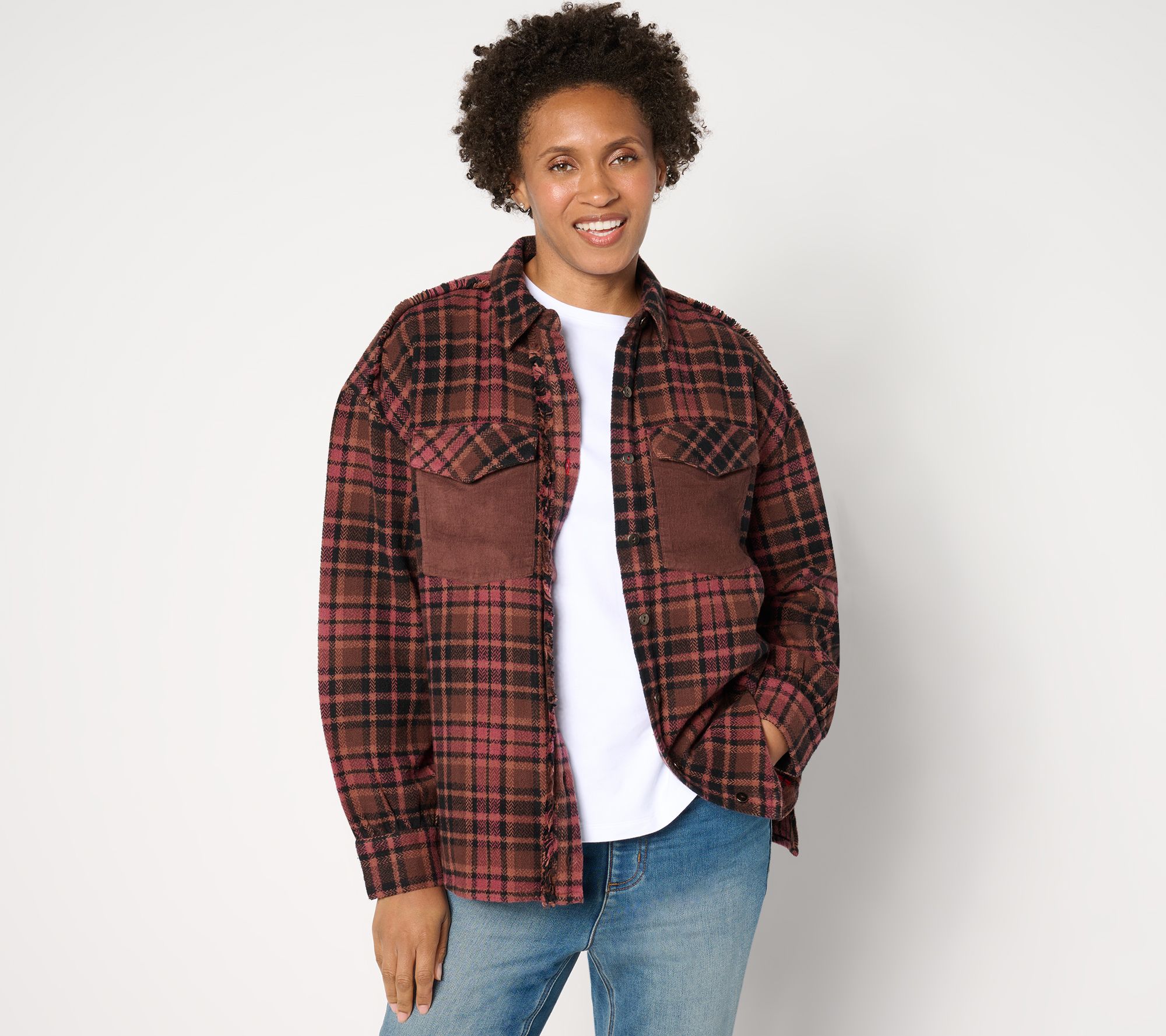 Peace Love World Plaid Button-Front Long Sleeve Shacket