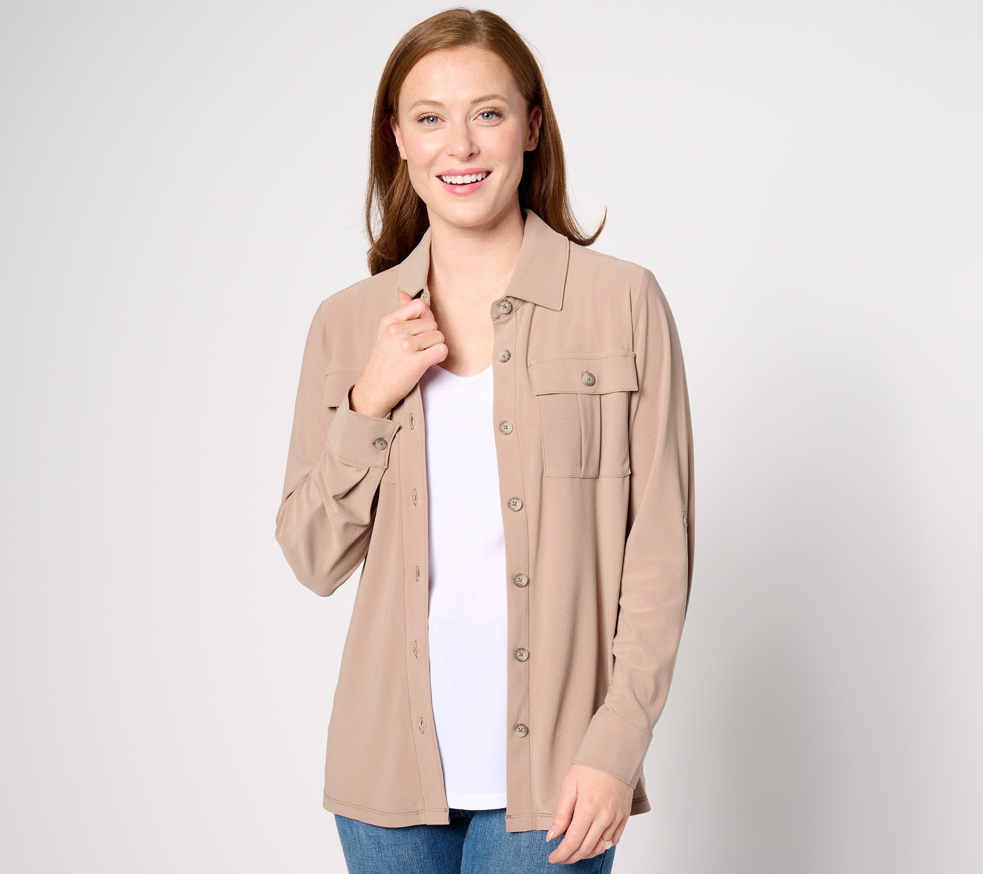 "As Is" Women with Control Knit Safari Button Down Shirt