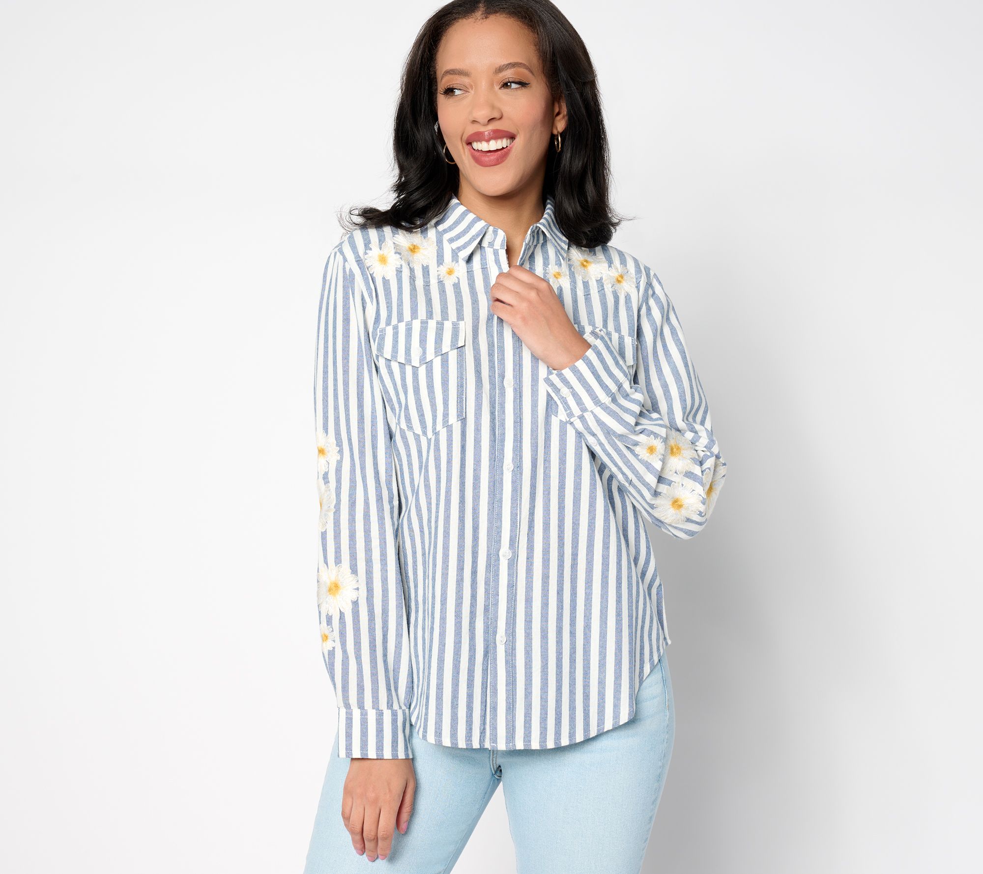 "As Is" Driftwood Jeans Laura Stripe Shirt- Daisy Daydream
