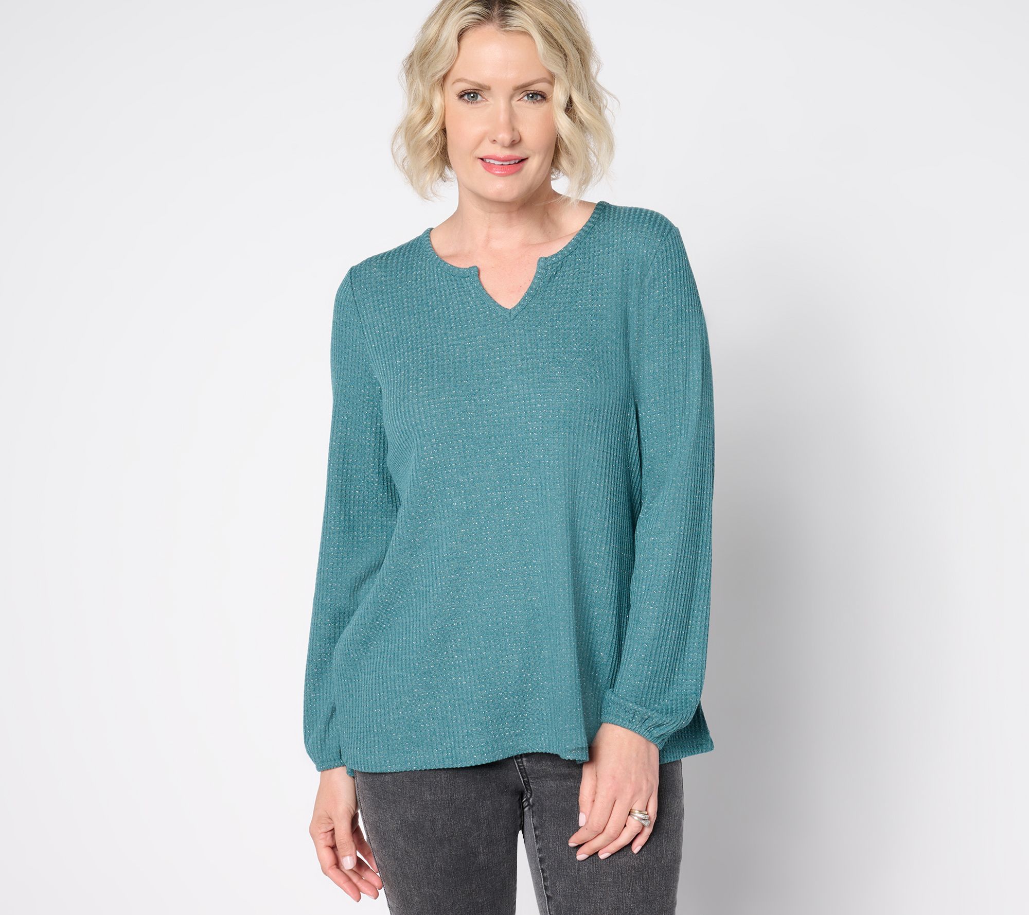 Denim & Co. Petite Shimmer Waffle Split Neck A-Line Tunic
