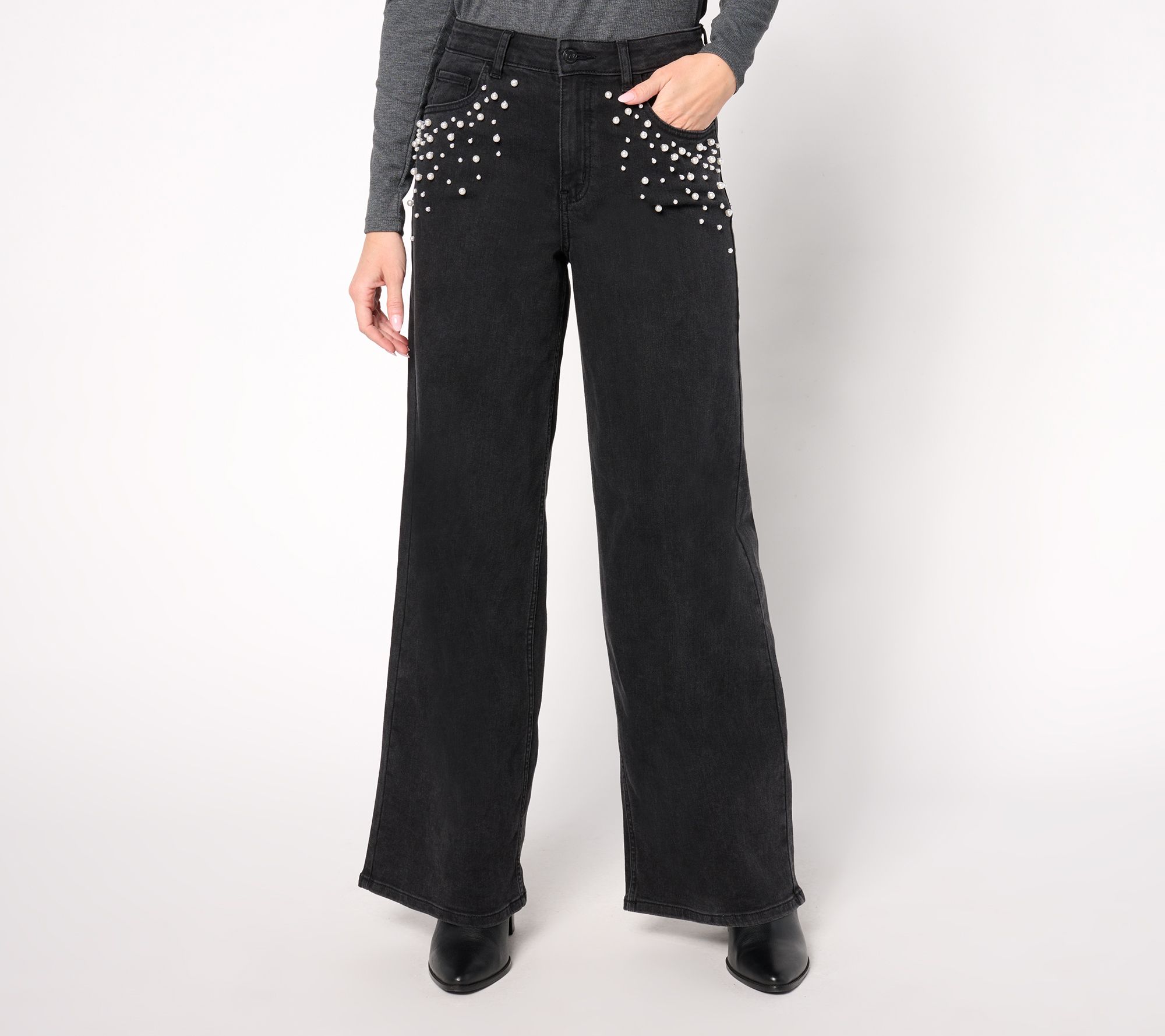 Me by Jennie Garth Black Reg Wide Leg Jean with Pearl Detail