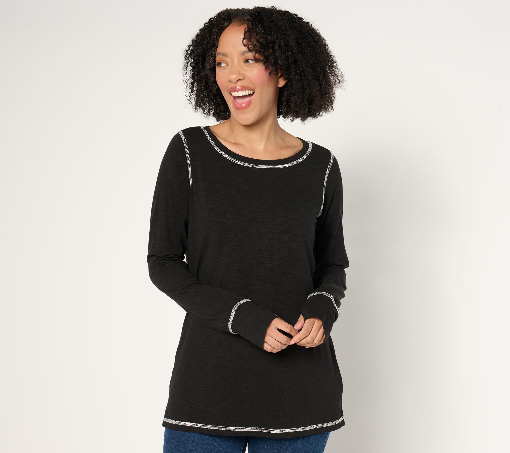 Belle by Kim Gravel Slub Knit Bateau Neck Long Slv Top