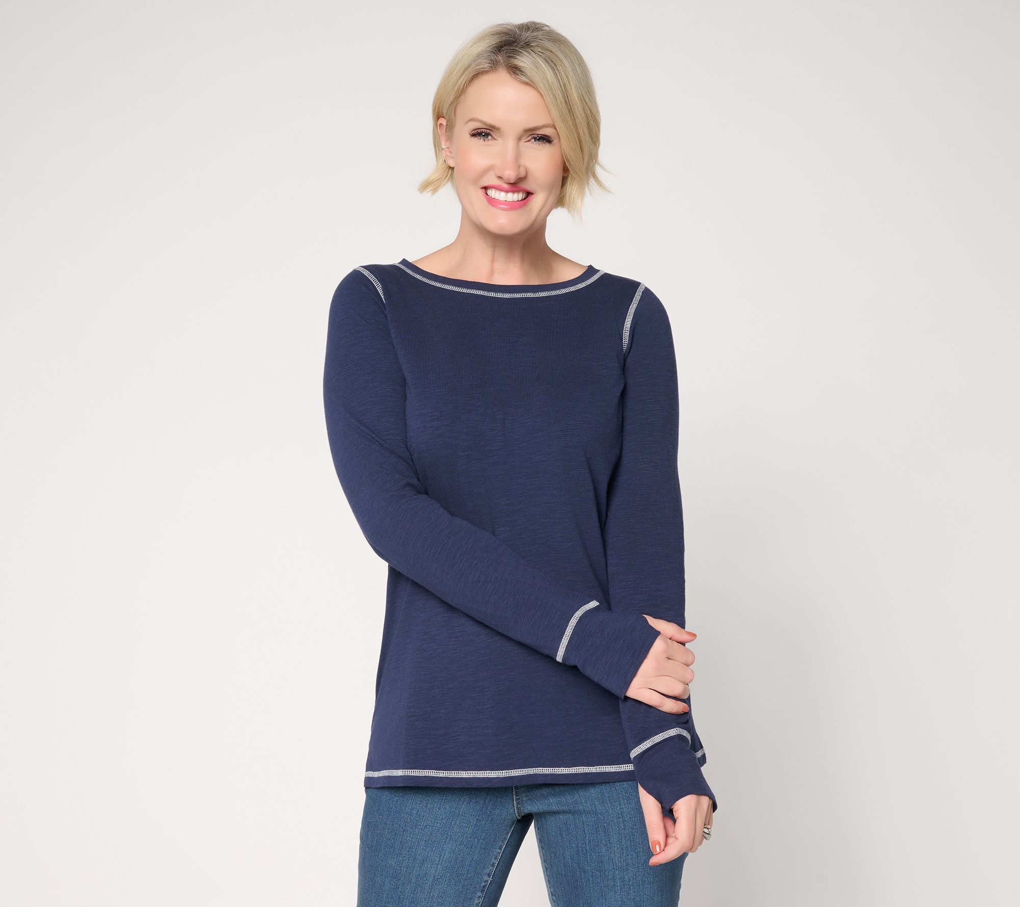 Belle by Kim Gravel Slub Knit Bateau Neck Long Slv Top