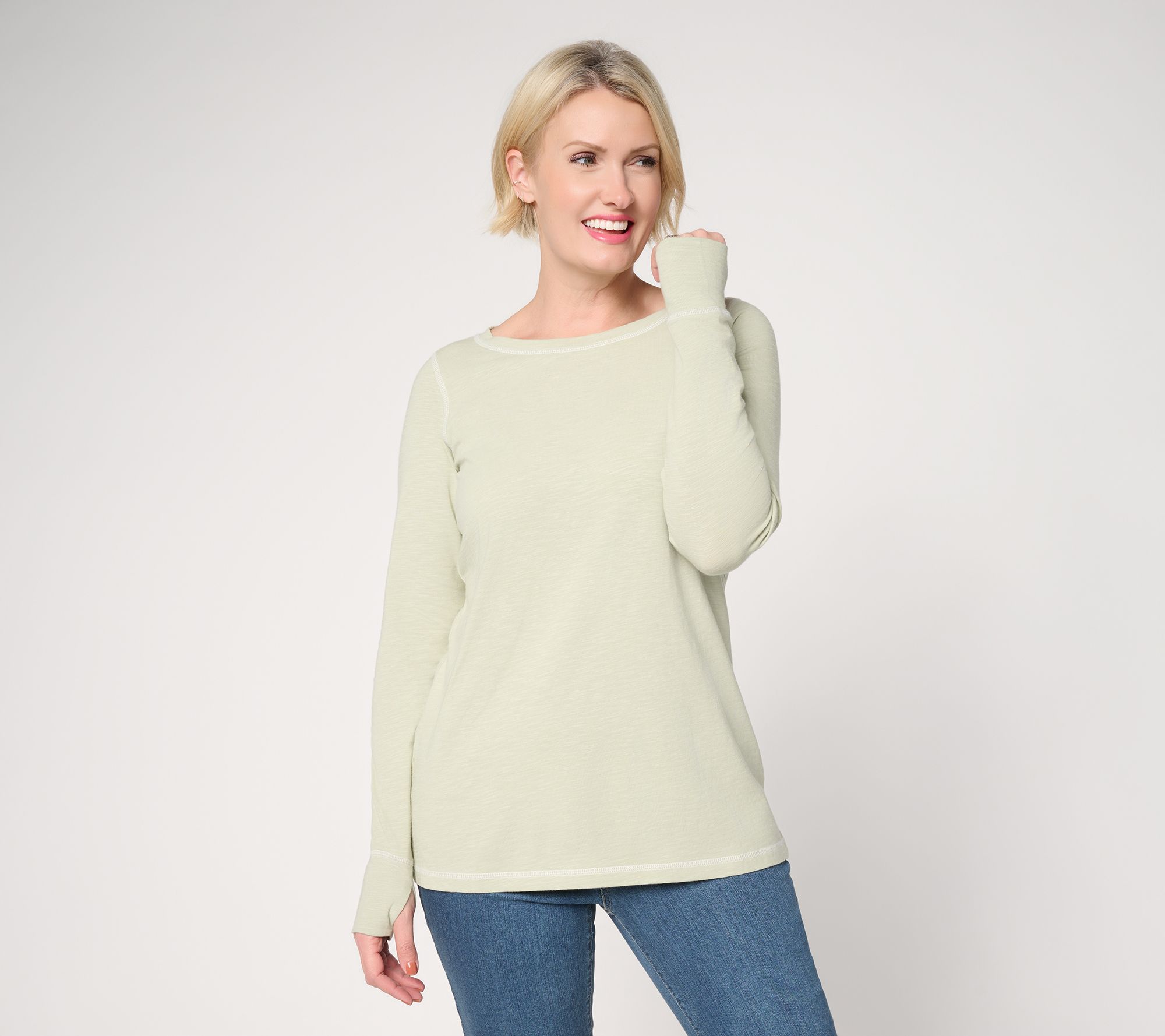 Belle by Kim Gravel Slub Knit Bateau Neck Long Slv Top